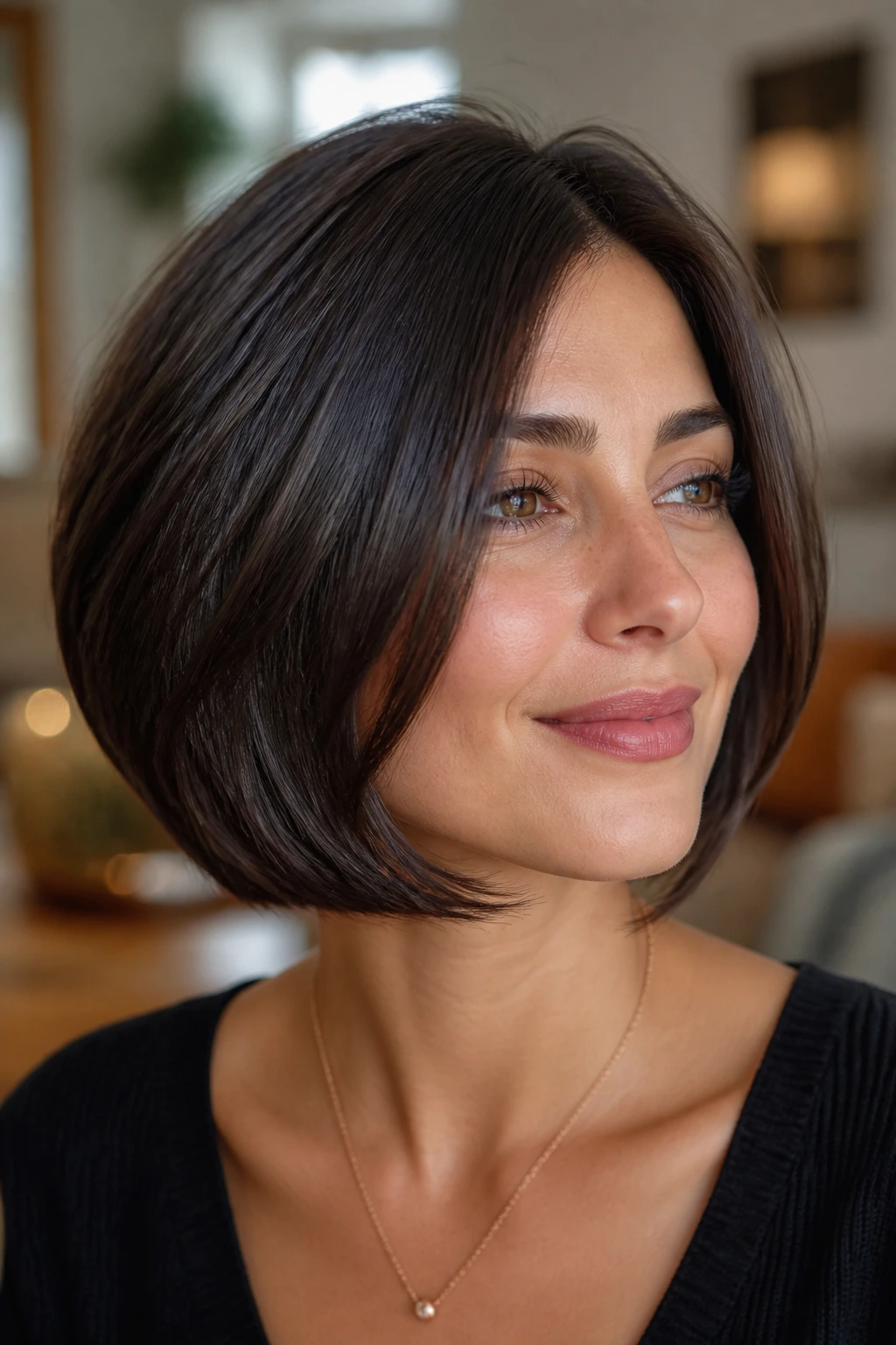 Close-up portrait of a real woman with a rounded bob and internal layers