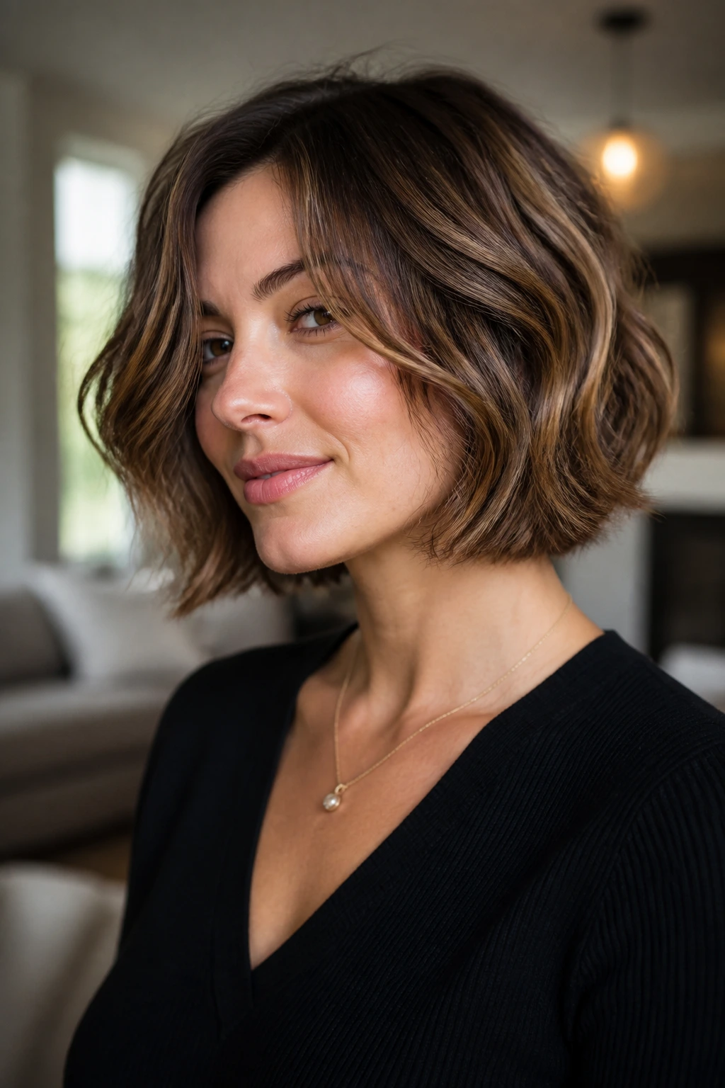 Close-up portrait of a real woman with rounded bob with internal layers