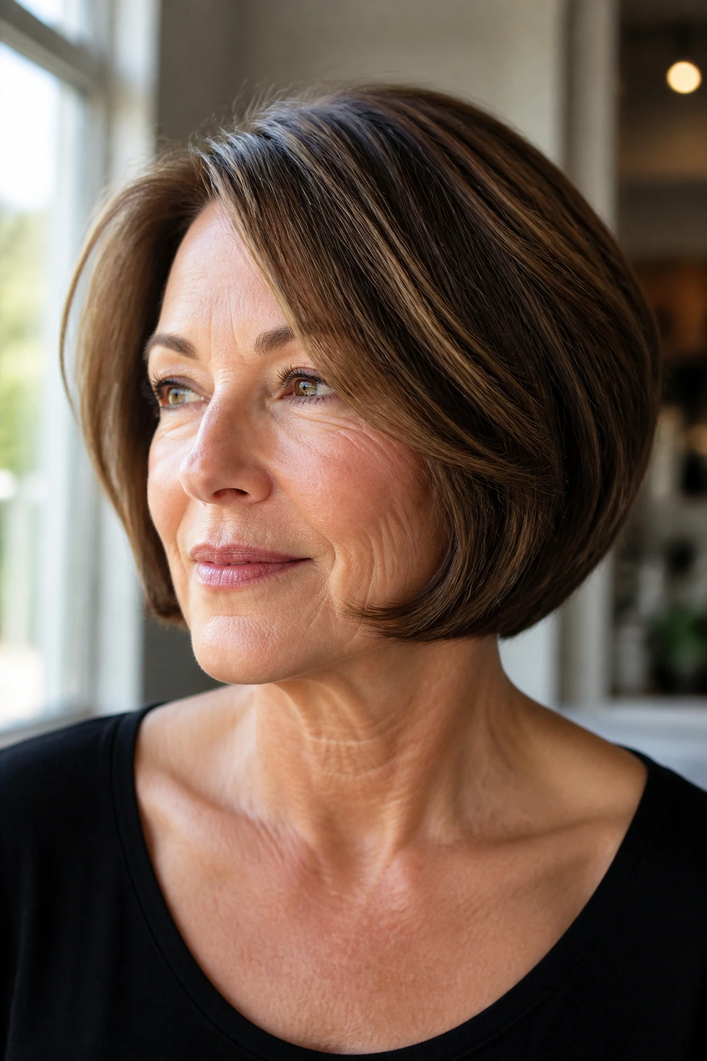 Real woman with rounded bob and internal layers for thick hair