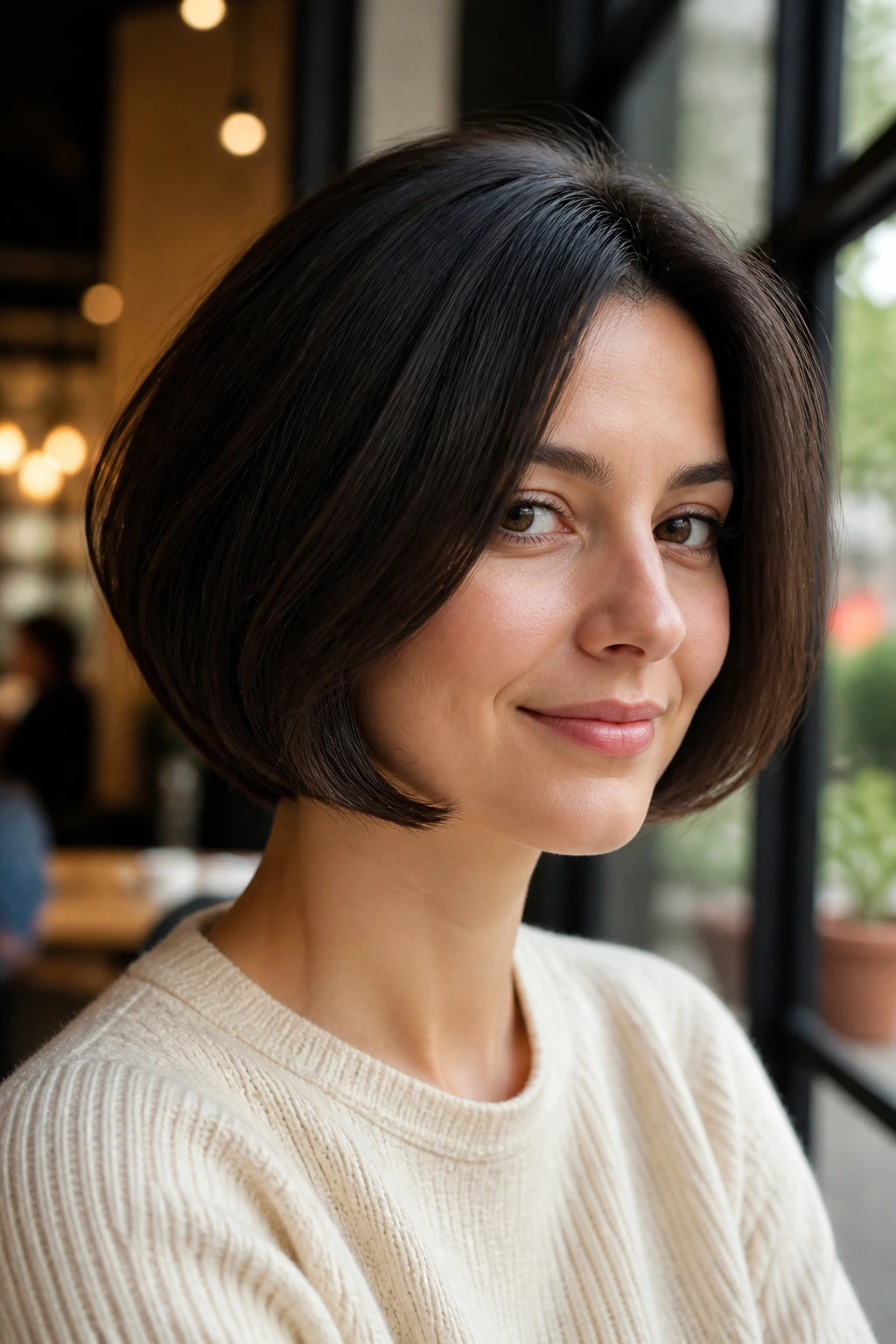 Close-up of real woman with rounded bob and invisible layers.