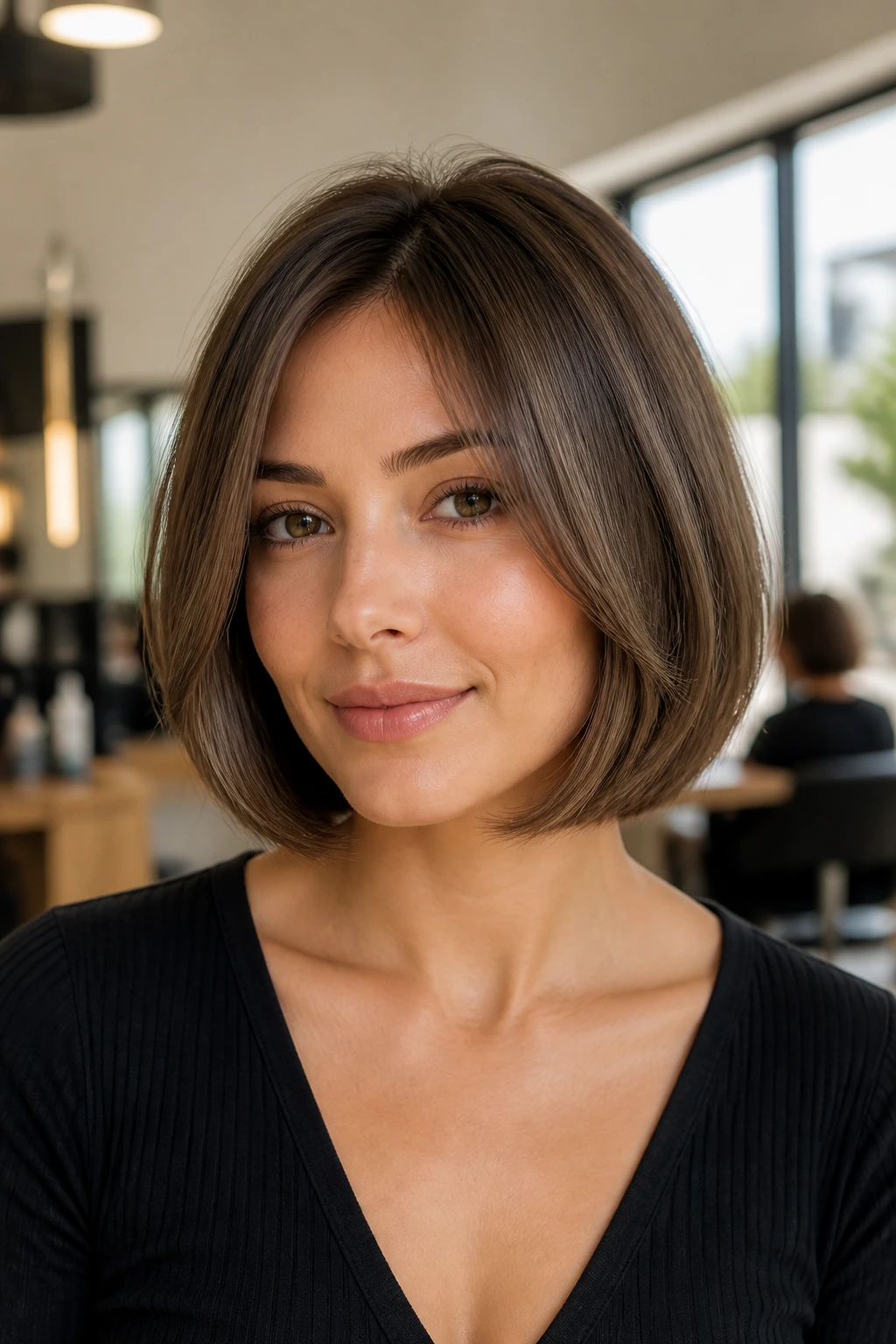 Close-up portrait of a real woman with rounded bob and invisible layers, soft ash tones.