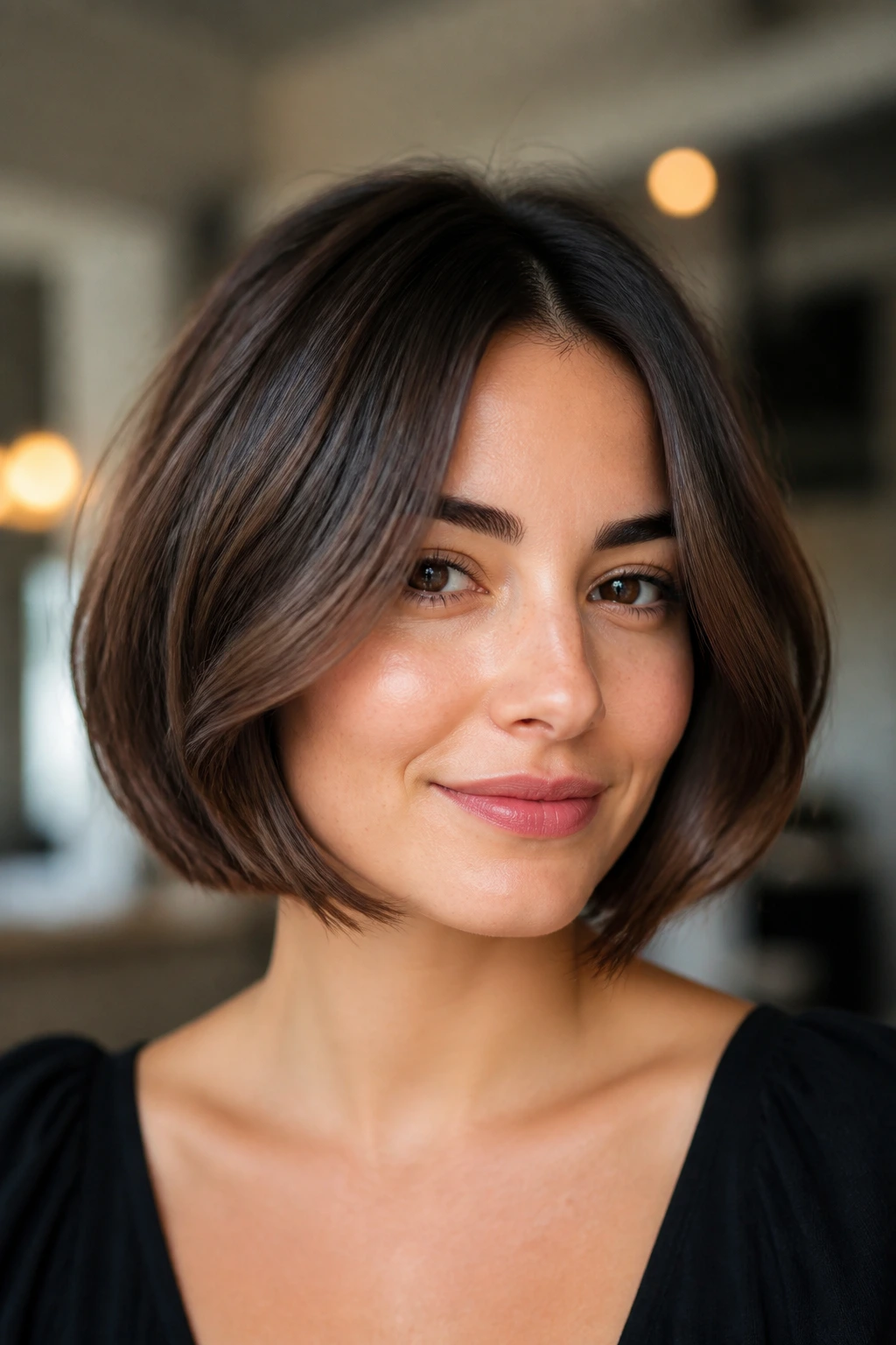 Close-up of a real woman with rounded bob and invisible internal layers.