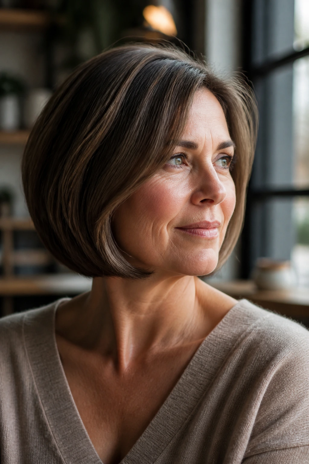 Close-up portrait of a real woman with a rounded bob hugging the jaw