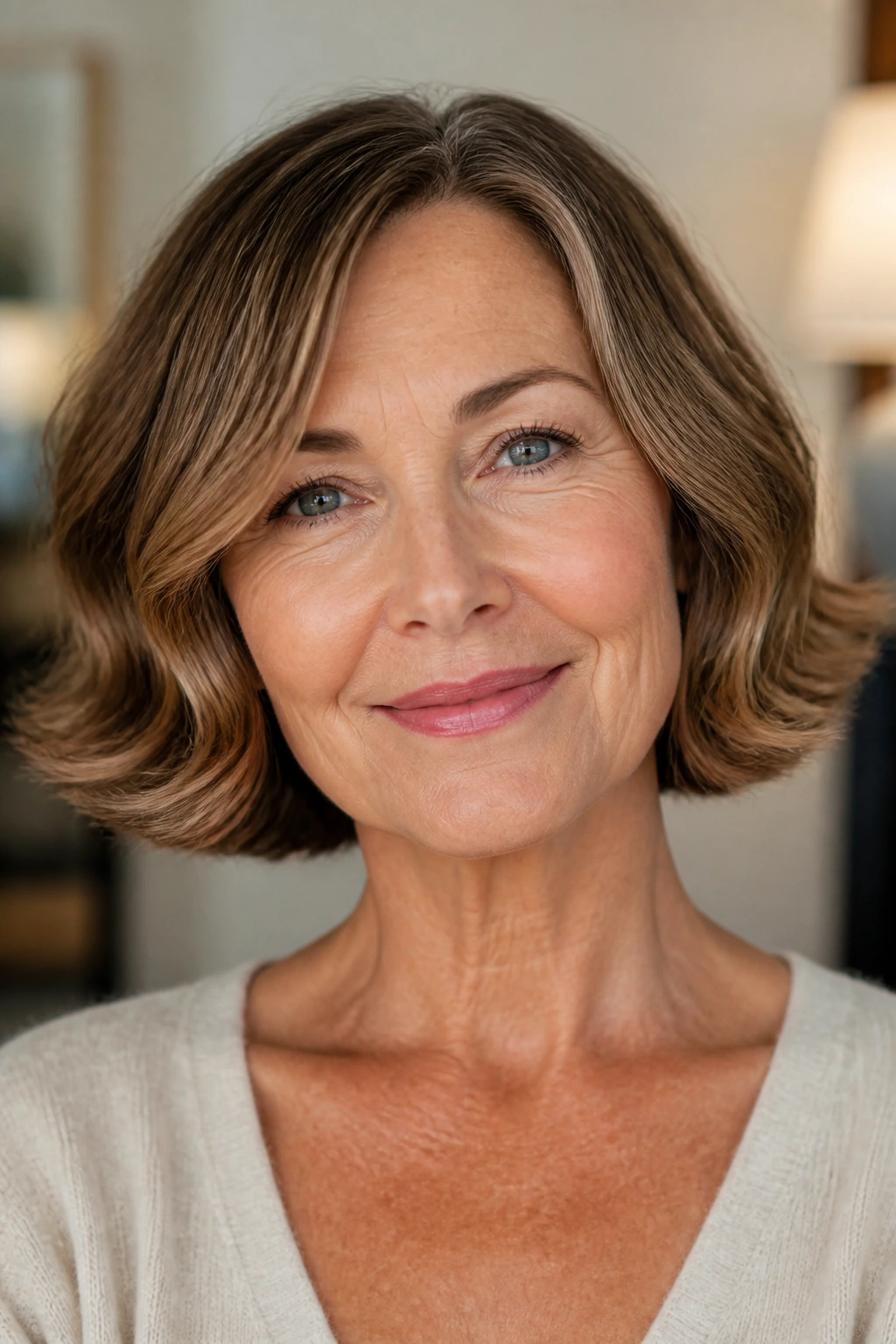 Portrait of a woman with a rounded bob brushing the jaw