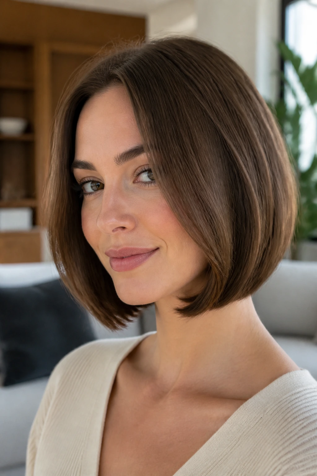 Portrait of a woman with rounded bob and invisible layers.