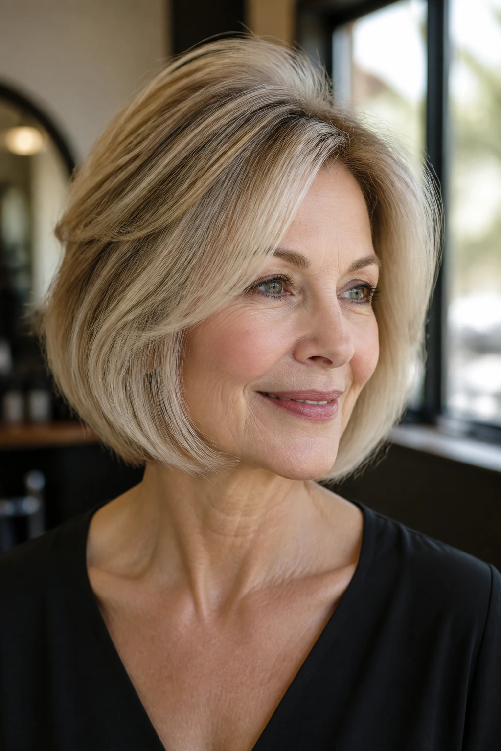 Close-up portrait of a real woman with a rounded bob with lifted crown, soft salon lighting.