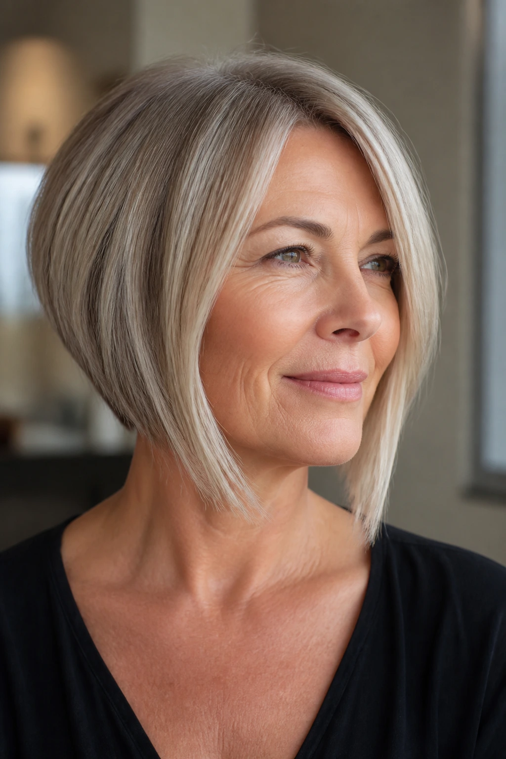 Portrait of a woman with rounded bob and longer front corners