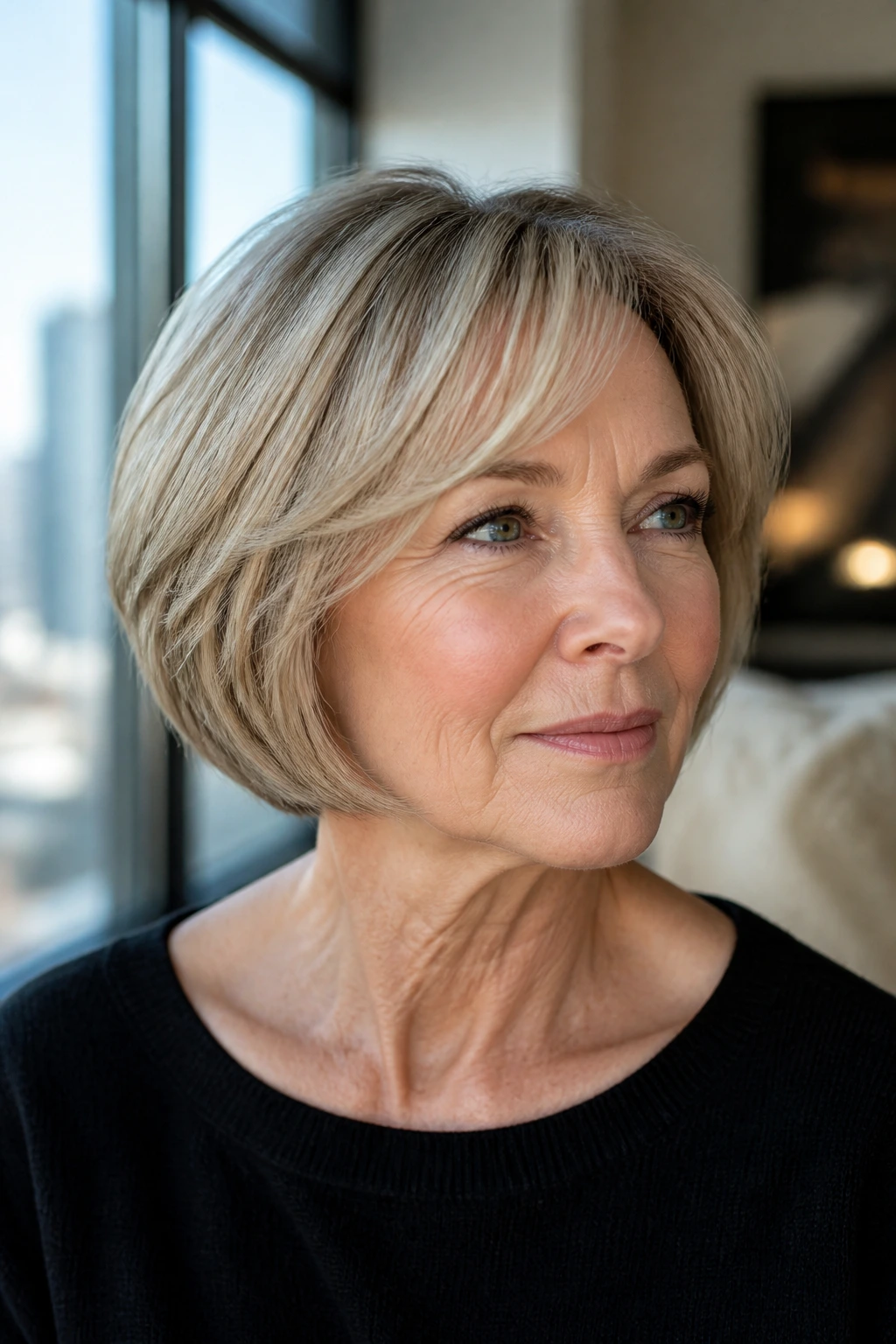 Close-up portrait of a real woman with rounded bob and micro-layers.