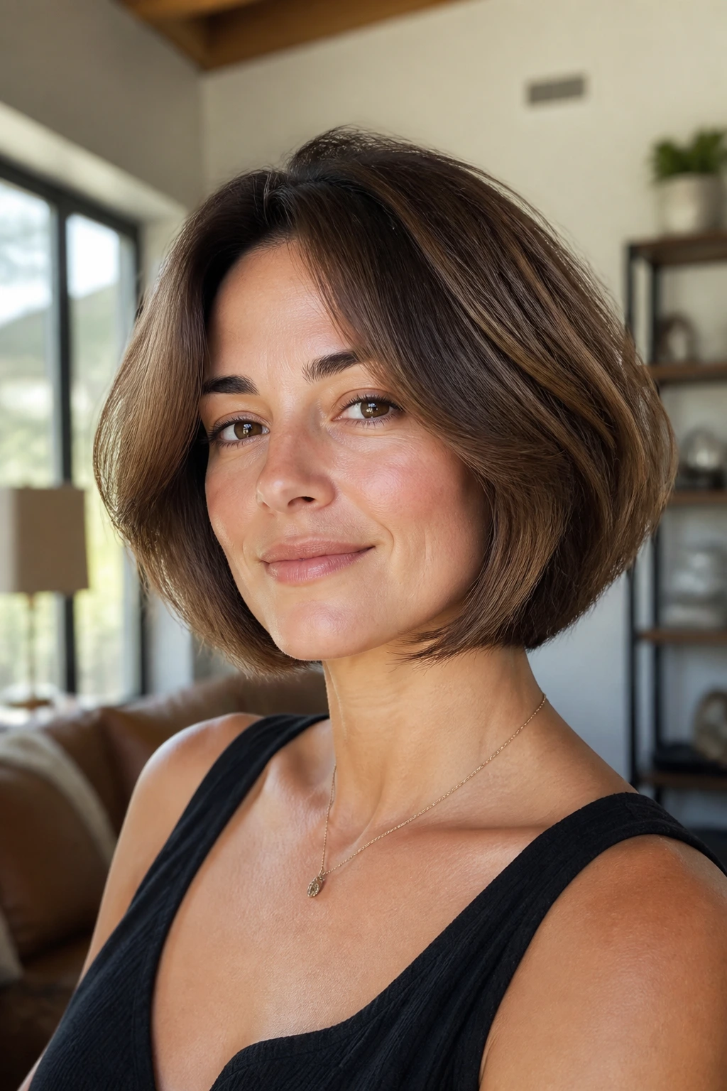 Close-up portrait of a real woman with a rounded bob and natural volume in warm daylight