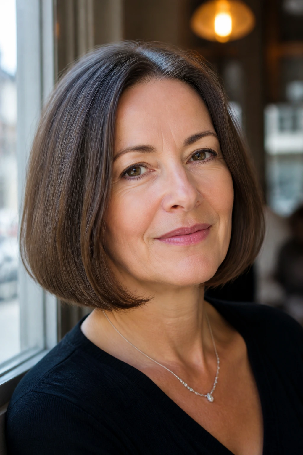 Close-up of a real woman with rounded bob, no bangs, soft ends in warm daylight