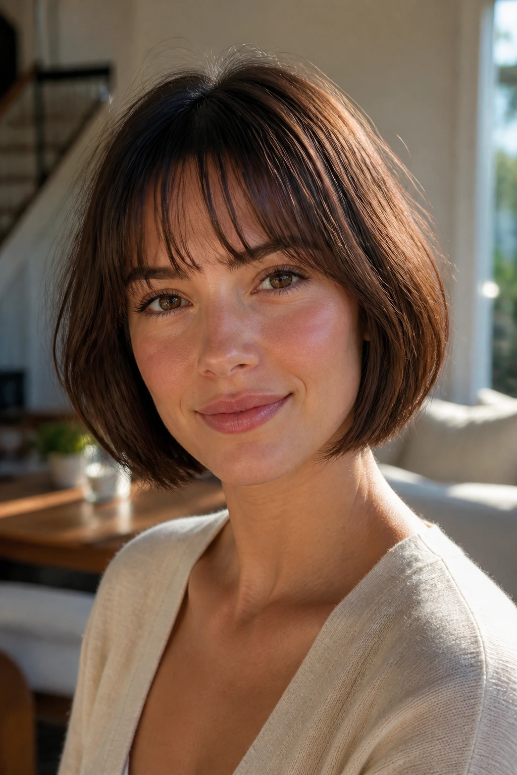 Close-up of a woman with rounded bob and piecey bangs framing the jaw in warm window light