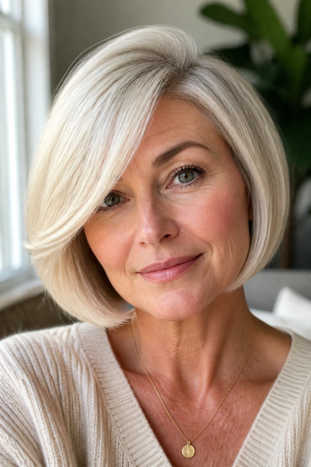 Close-up of a real woman with a rounded tucked-under platinum bob and deep side part, warm window light