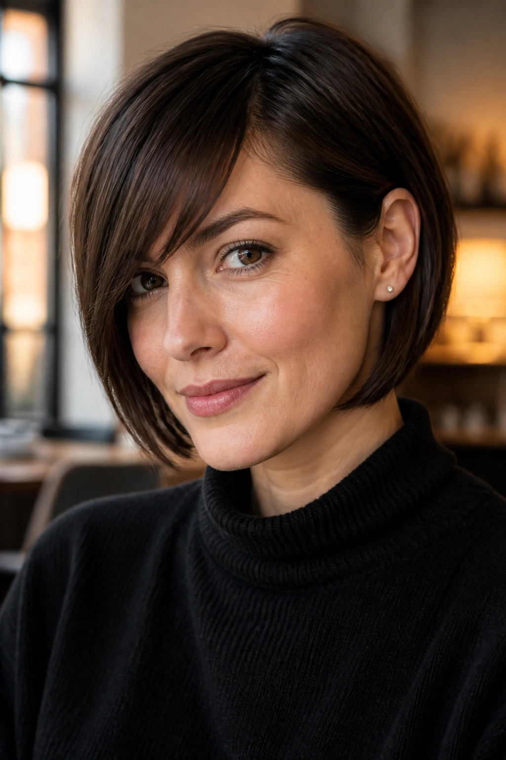 Close-up of a real person with rounded bob and polished tuck behind the ear