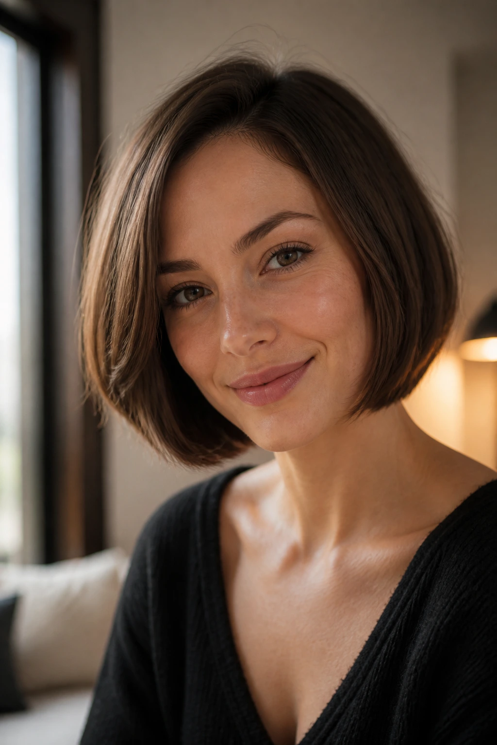 Close-up portrait of a real woman with a rounded bob.