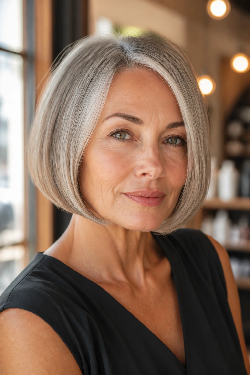 Close-up portrait of a real woman with a rounded bob curving under the jaw in warm salon light.