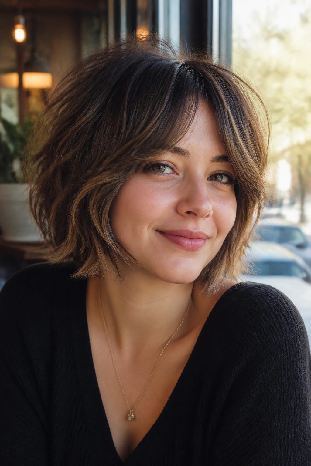 Close-up of a real woman with rounded bob shag hybrid