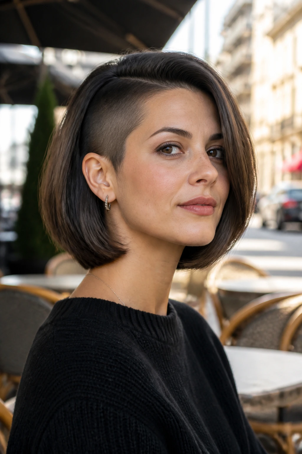 Portrait of a real woman with rounded bob and shaved side panel outdoors in soft light.