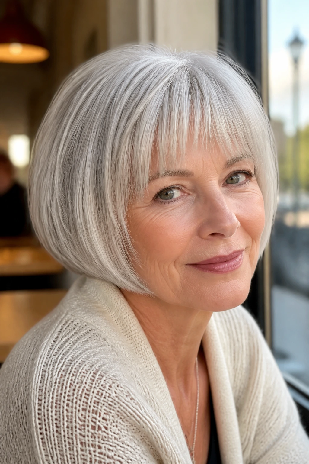 Close-up portrait of a real woman with rounded bob and short bangs, white hair with babylights