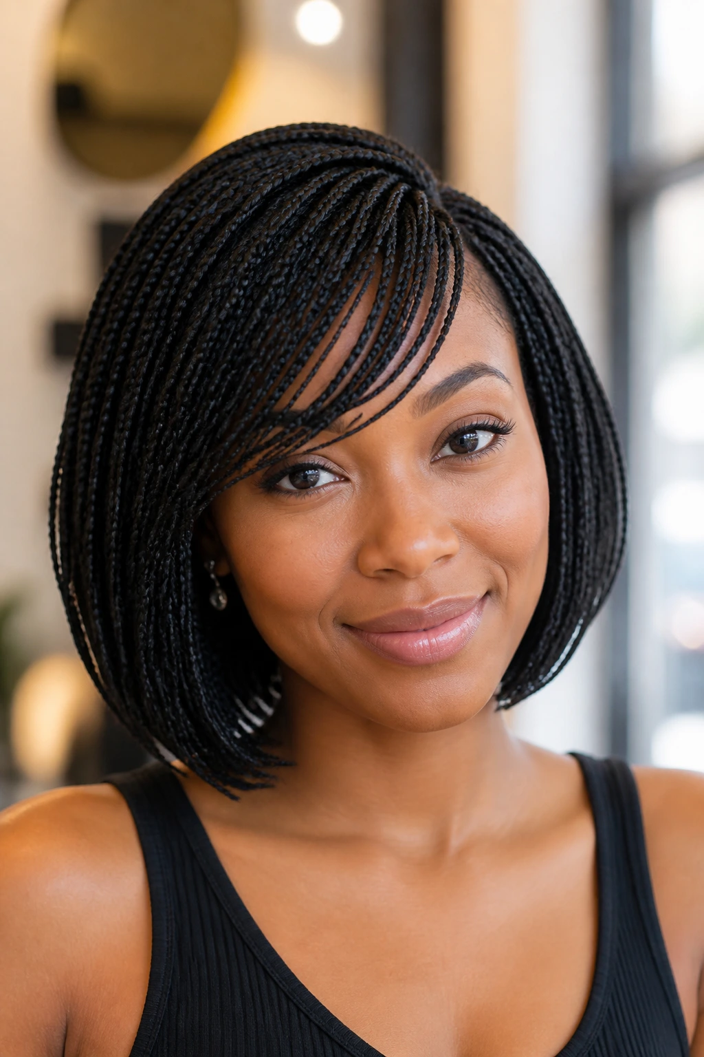 Real woman with rounded bob and light side fringe near temple