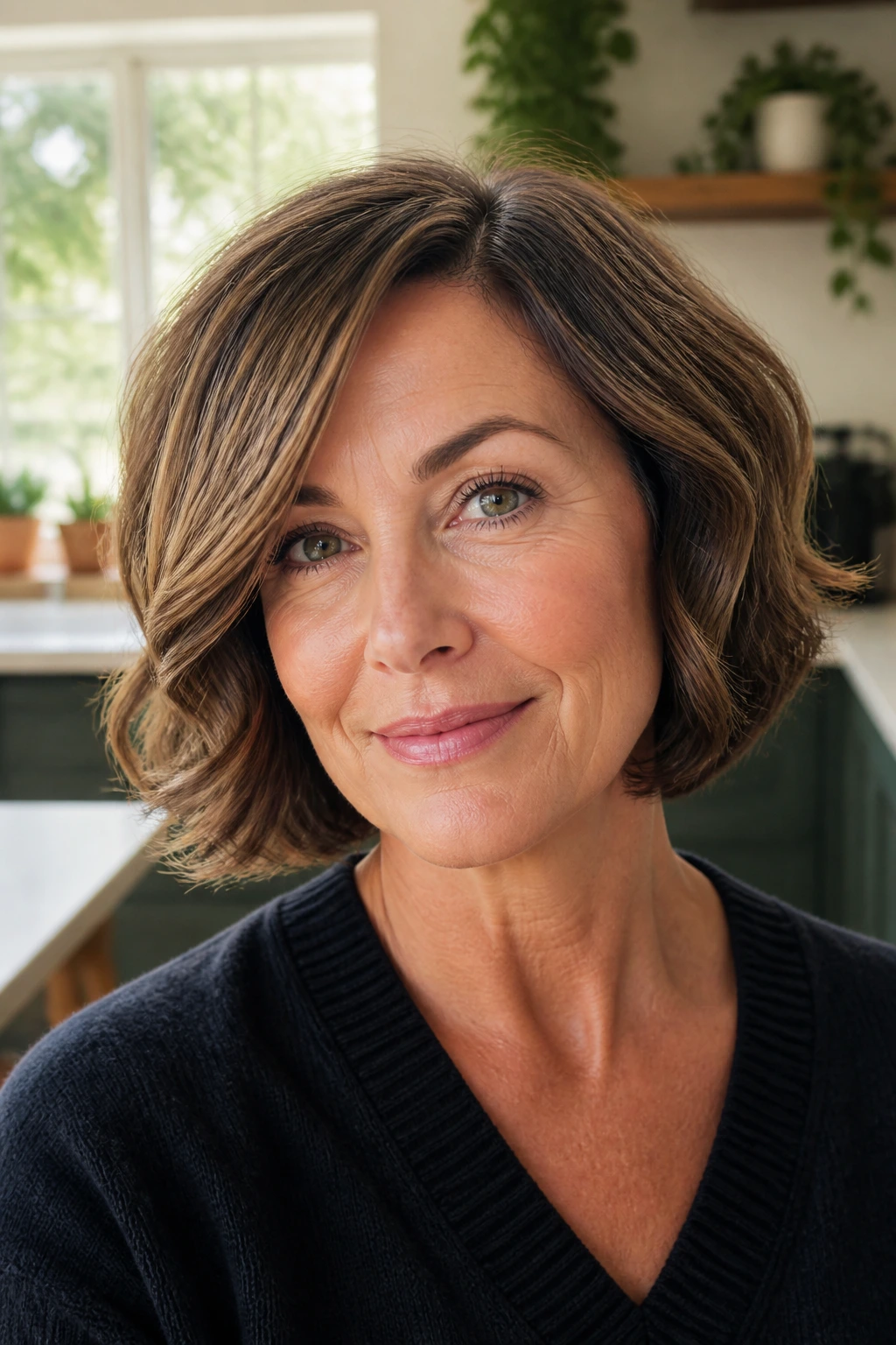 Close-up of a real woman with a rounded bob and side part.