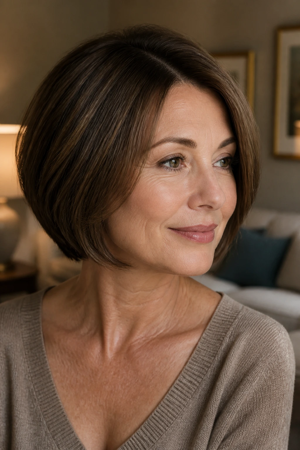 Real woman wearing a rounded bob with a side part in a warmly lit living room