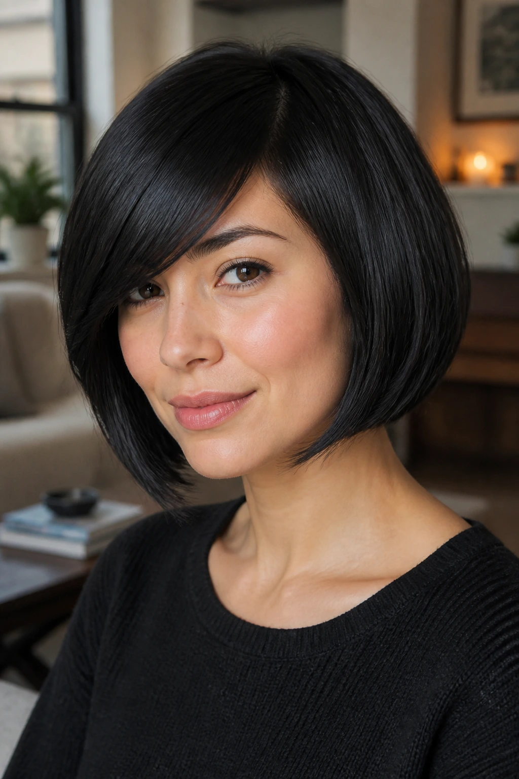 Close-up of a woman with a rounded bob and side-swept fringe in warm window light
