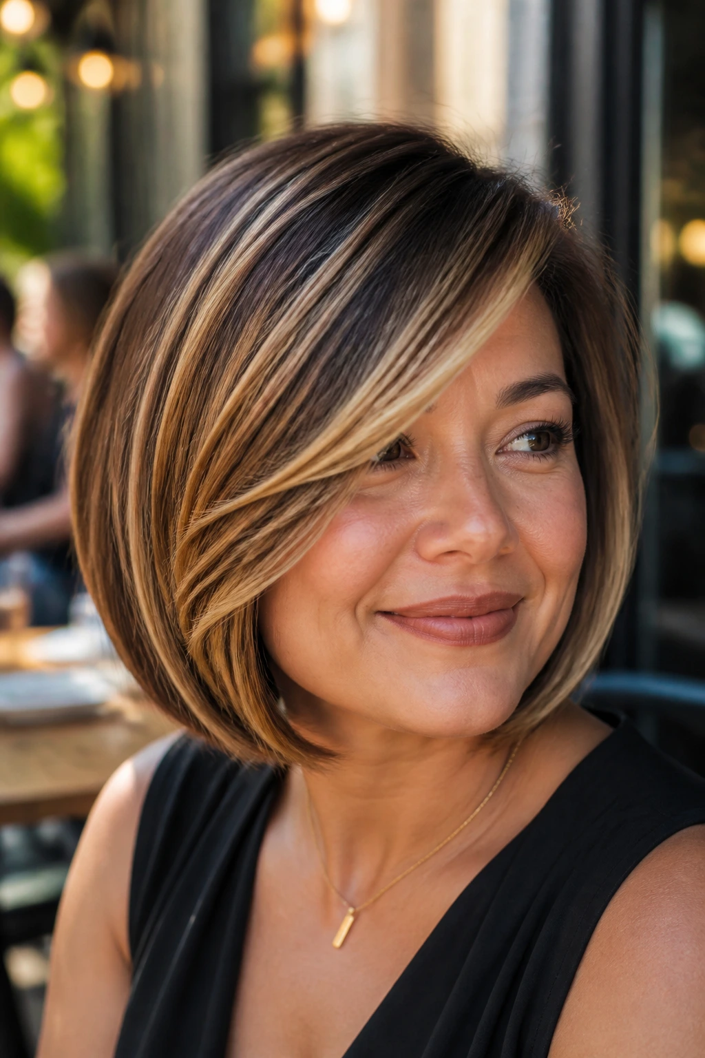 Close-up portrait of a real woman with a rounded bob and golden ribbon-like highlights.