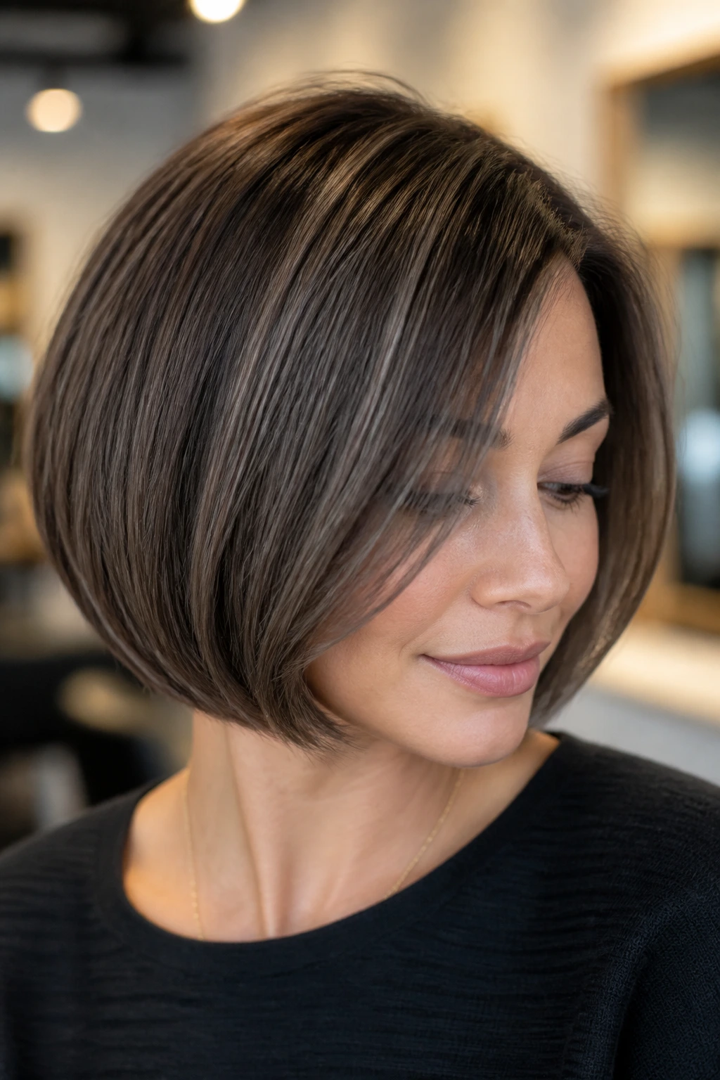 Close-up of rounded bob with smoky mushroom babylights