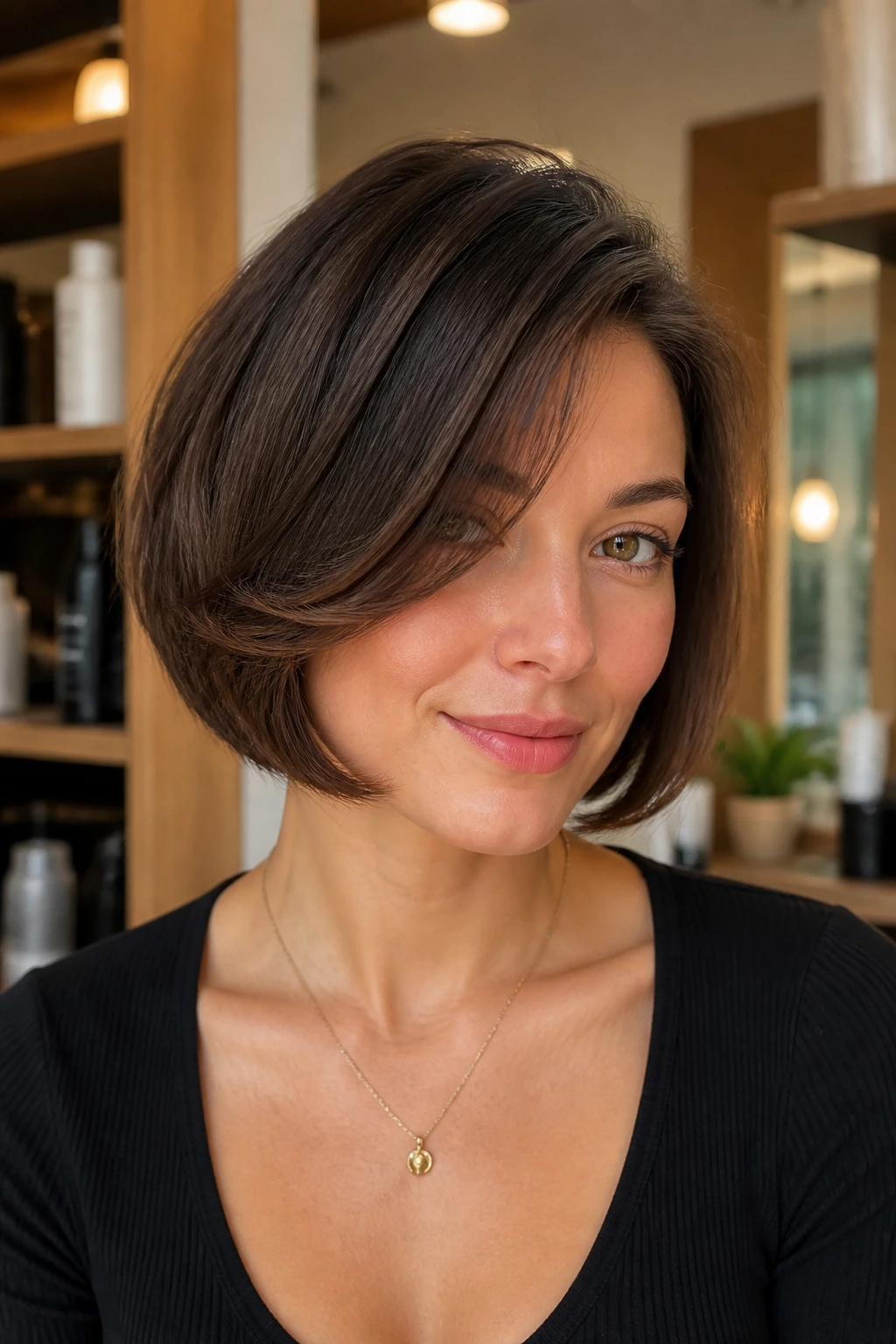 Close-up of a woman with jaw-length rounded bob featuring soft internal layers and side-swept part in a warm salon.