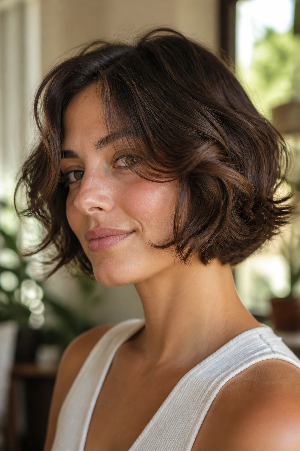Close-up portrait of a real woman with rounded bob and soft underlayers in natural light.