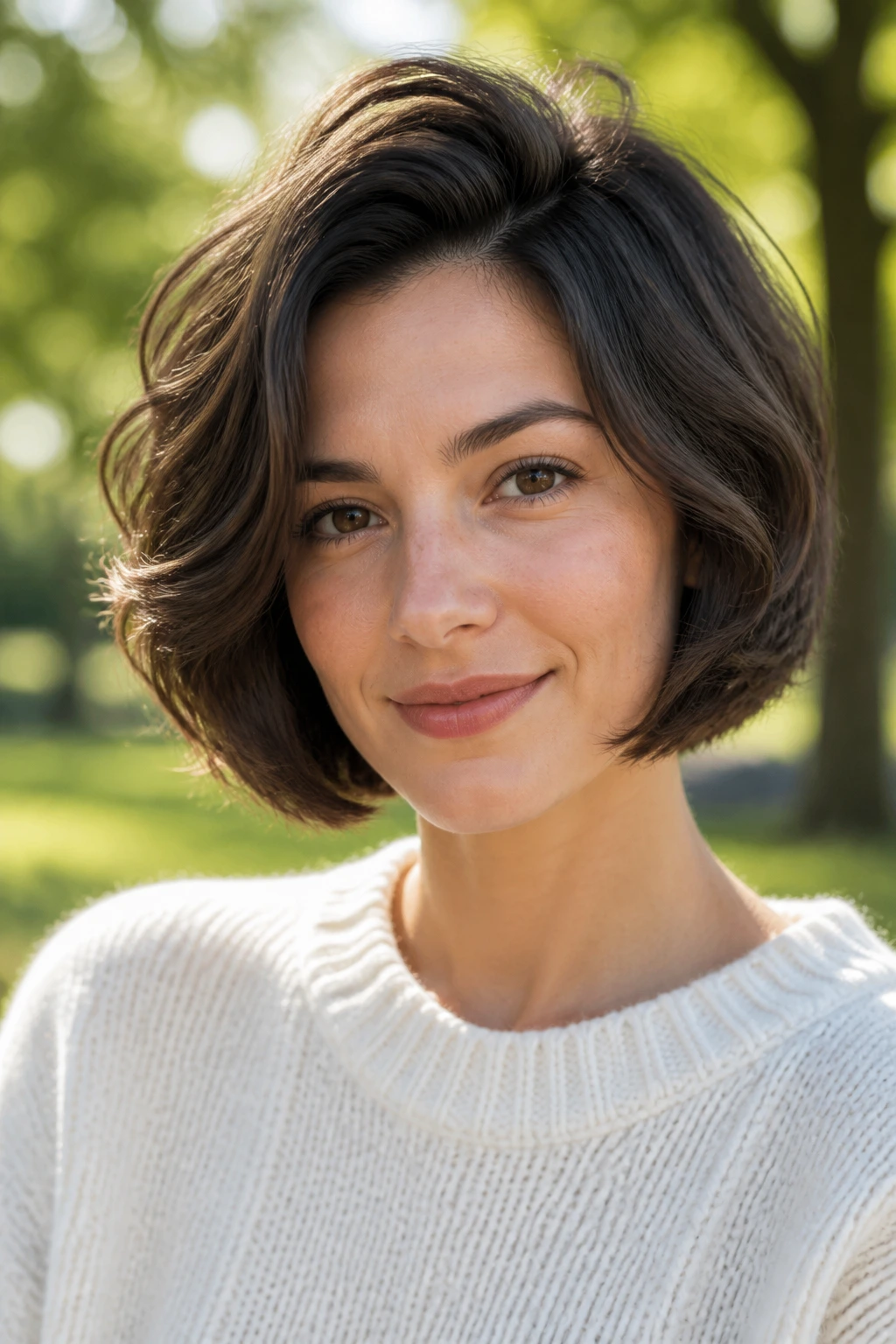 Portrait of a real woman with a rounded bob and soft volume under natural light