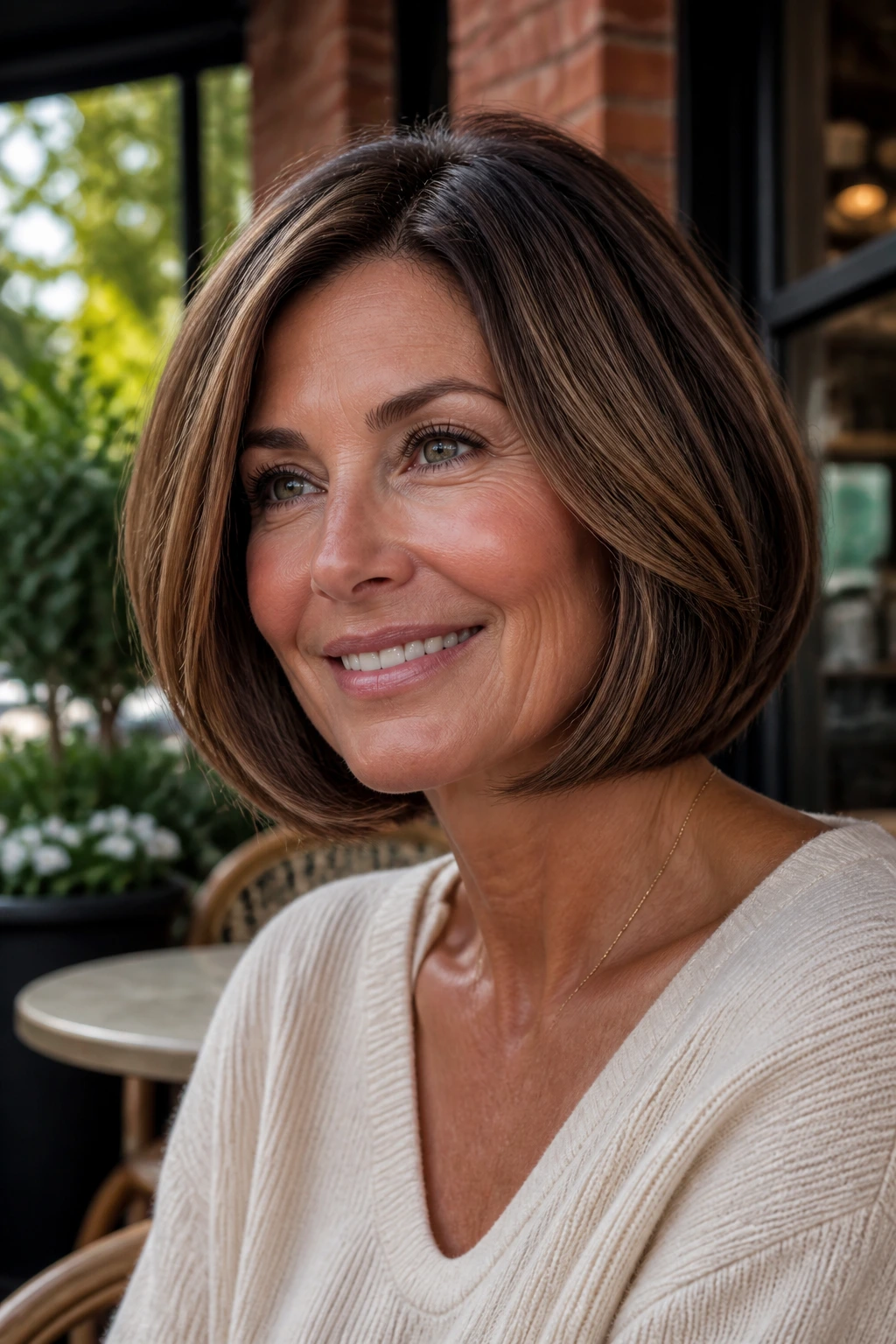 Real woman with rounded bob and soft walnut babylights in warm outdoor light