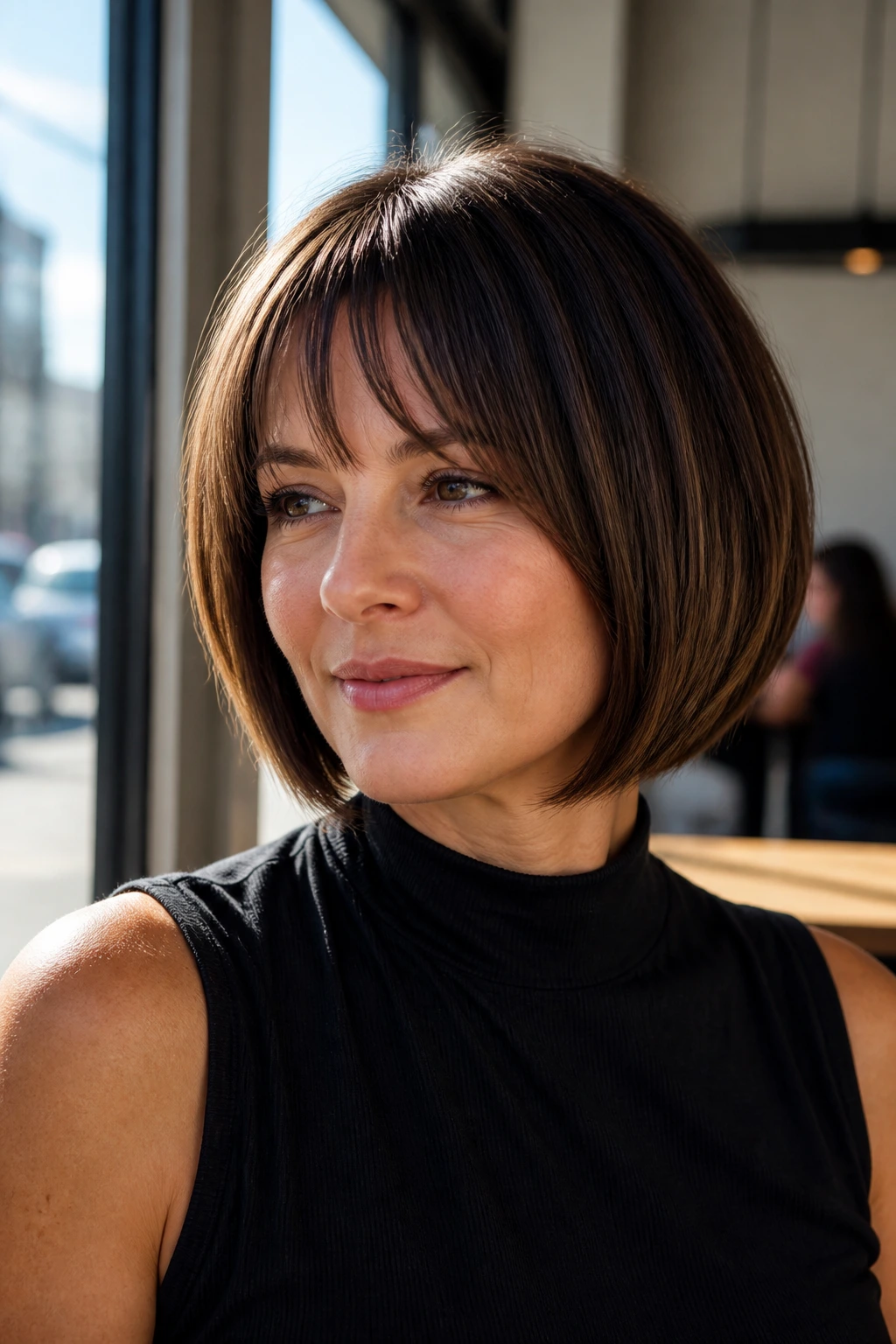 Real woman with rounded bob and tapered bangs in cafe light