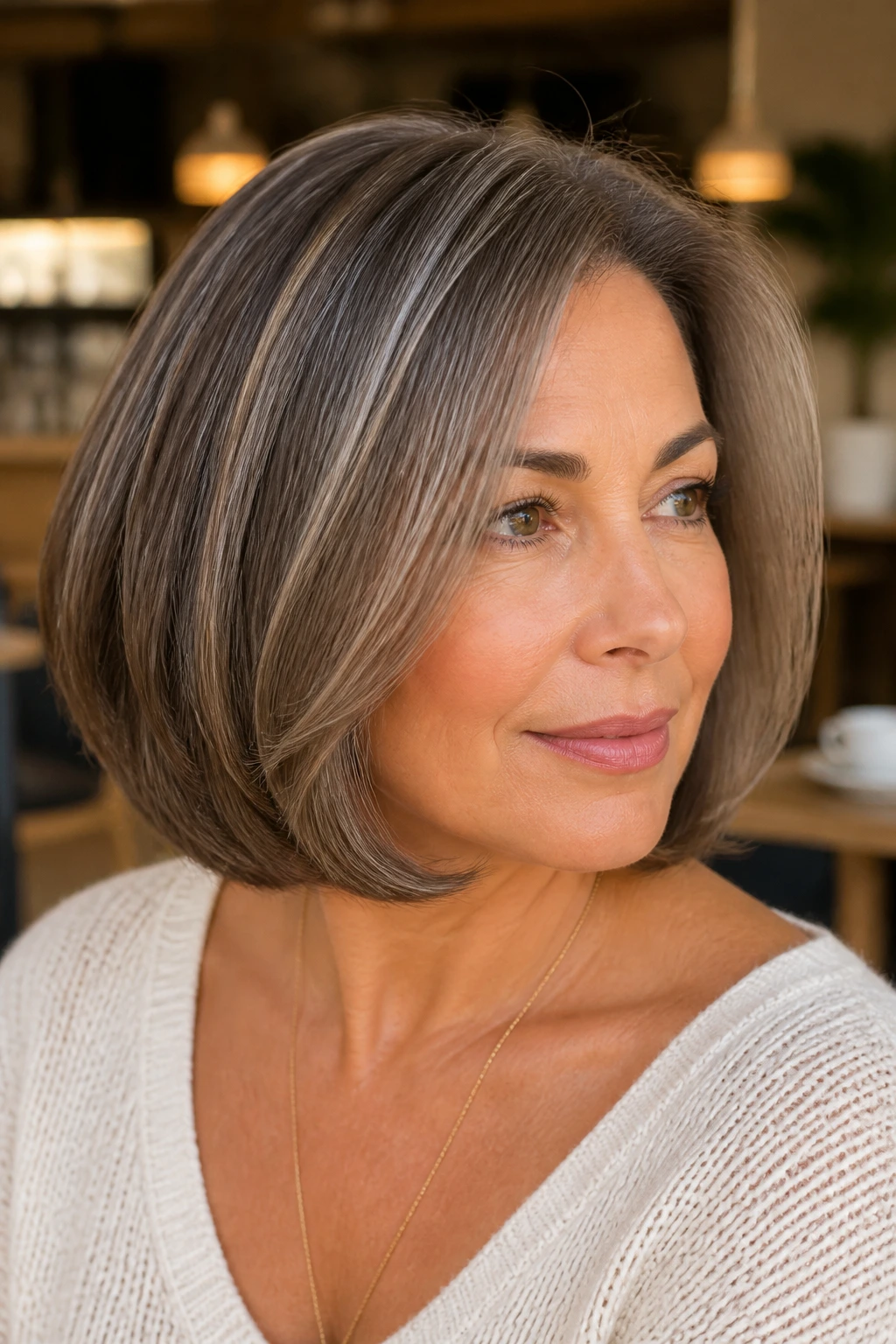 Real woman with rounded bob and taupe dimension