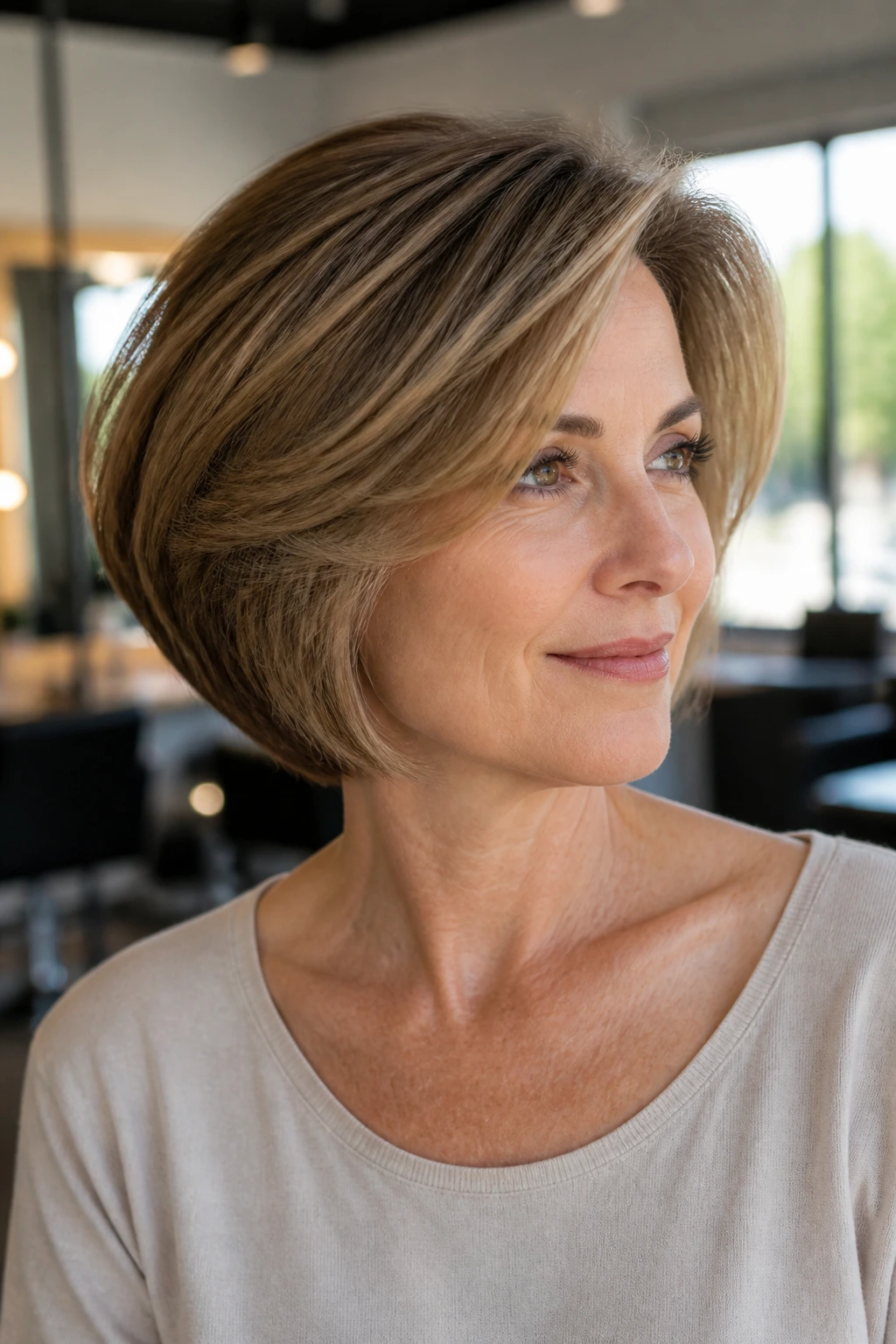 Real woman with rounded bob showing temple-volume in a bright salon