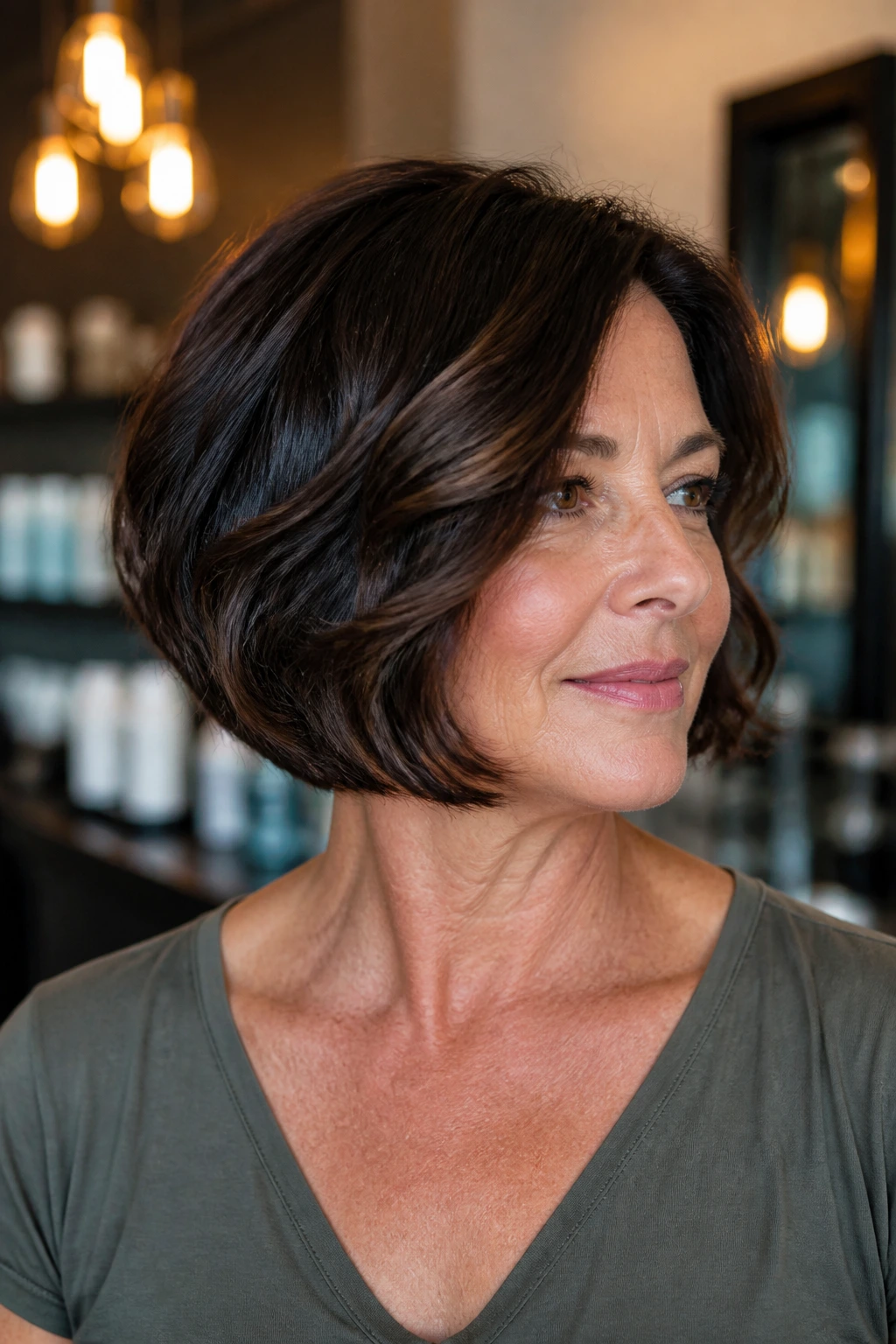 Close-up of a woman with a rounded bob for thick hair