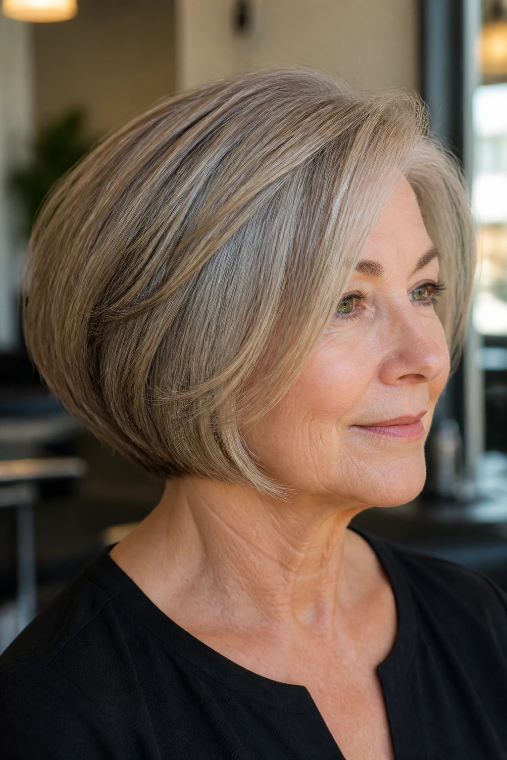 Close-up of a real woman with rounded graduated bob showing structured back and soft front sweep