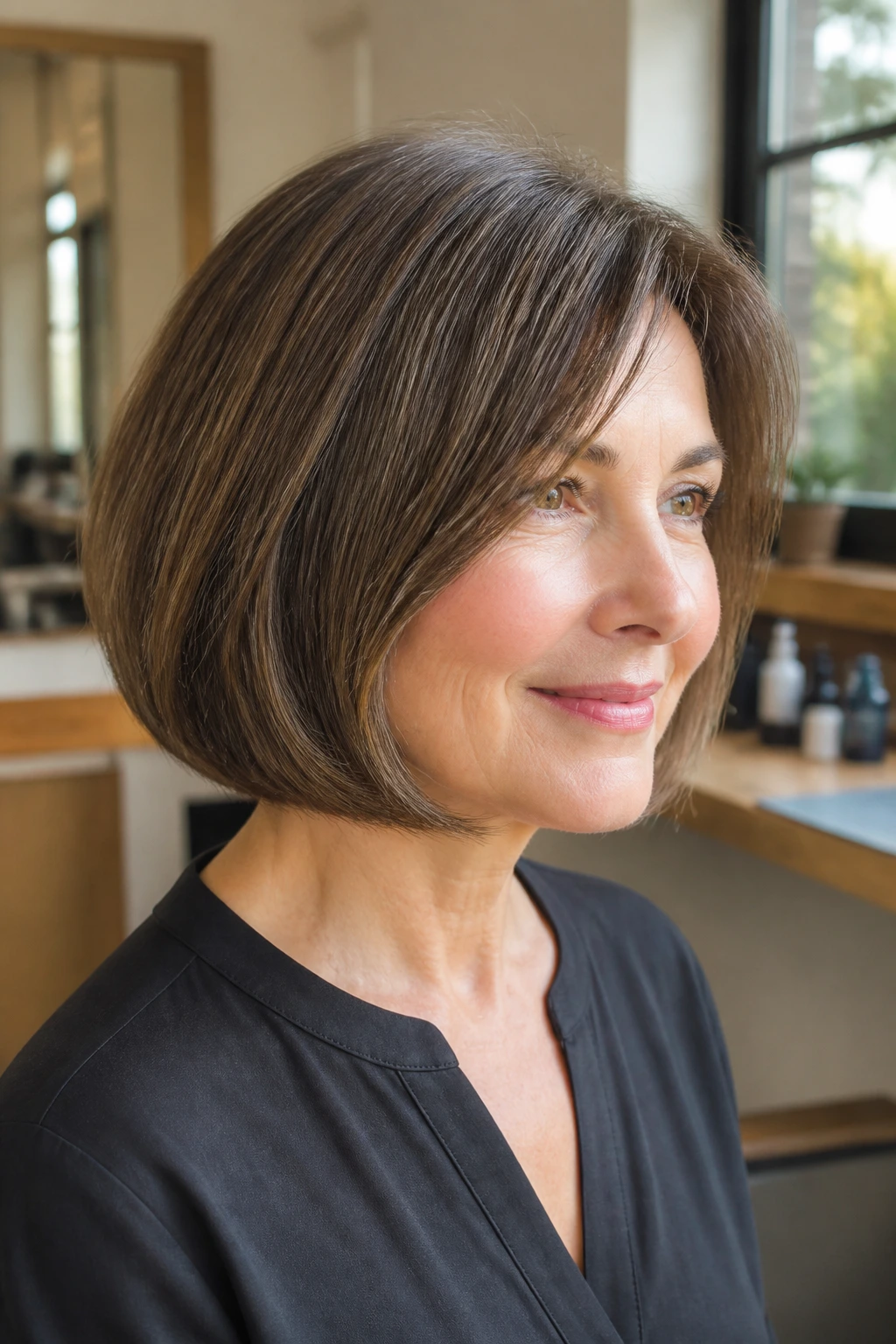 Close-up of a real woman with a jaw-length rounded bob curving under, warm salon light