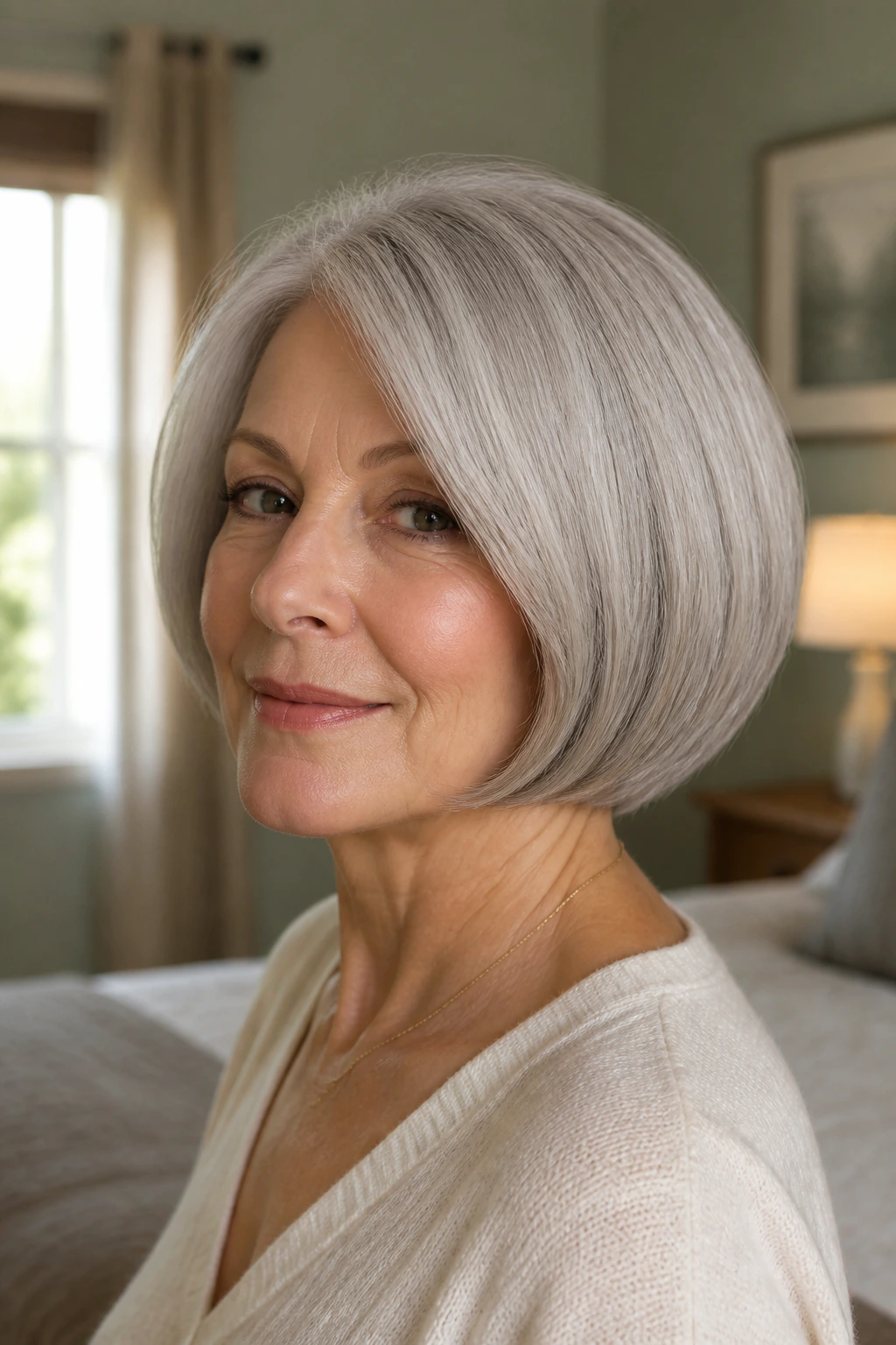 Close-up portrait of a real woman wearing a rounded bob that hugs the head in warm window light.