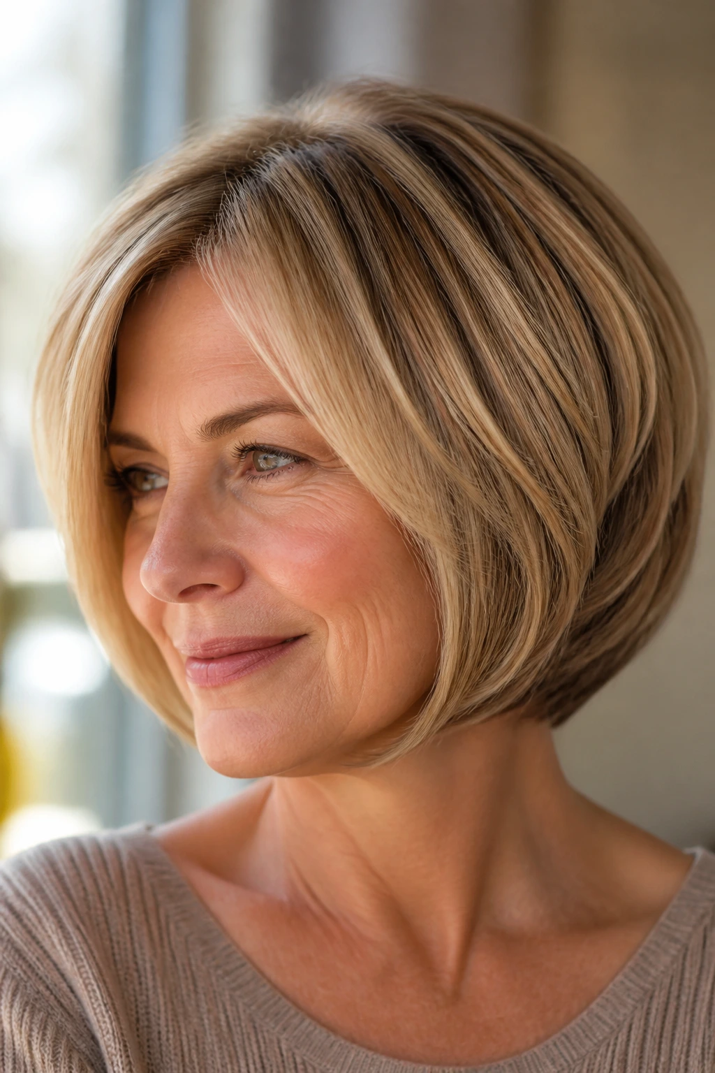 Close-up of a woman with a rounded layered bob in toasted almond blonde