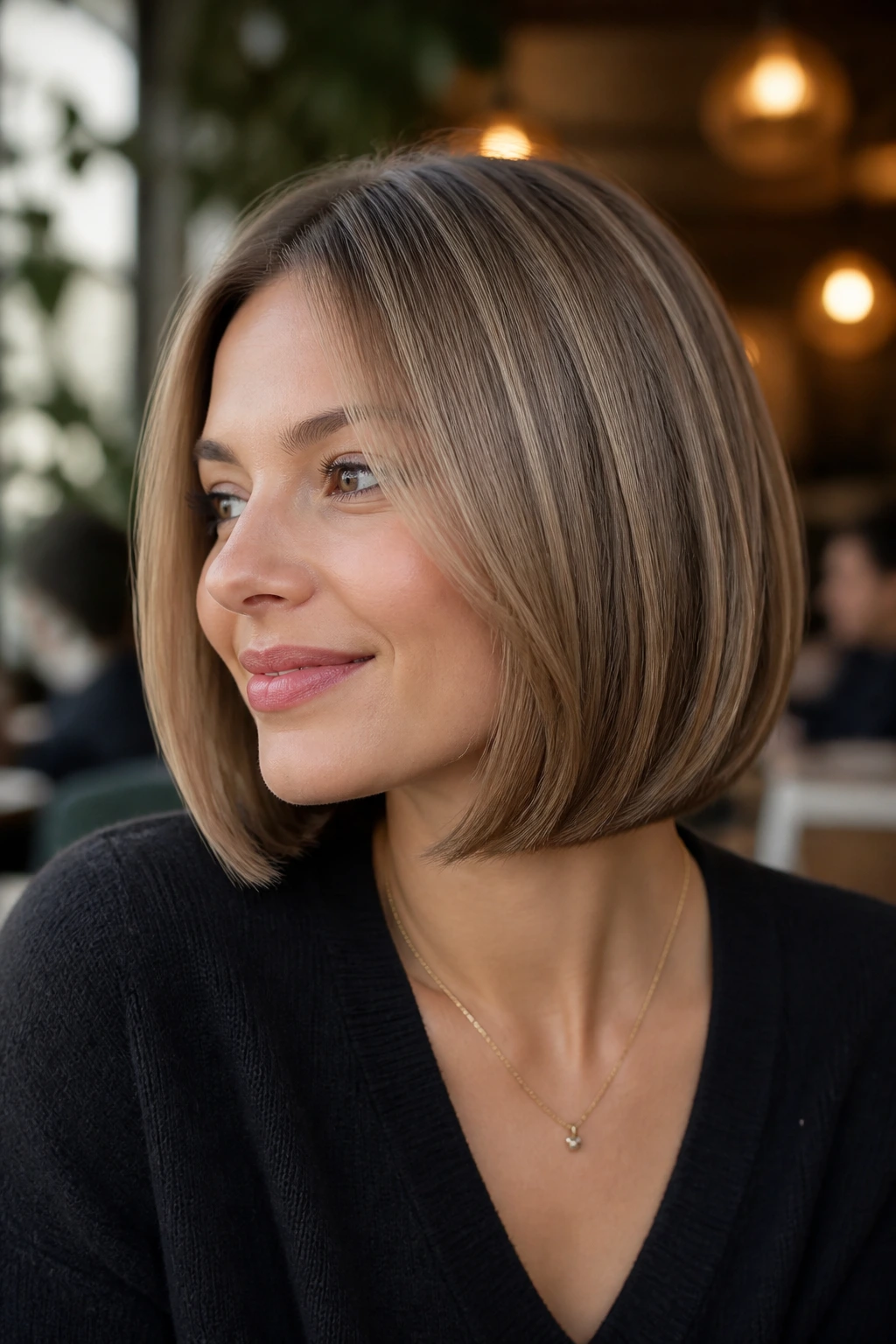 Real woman rounded bob with toffee underlayers