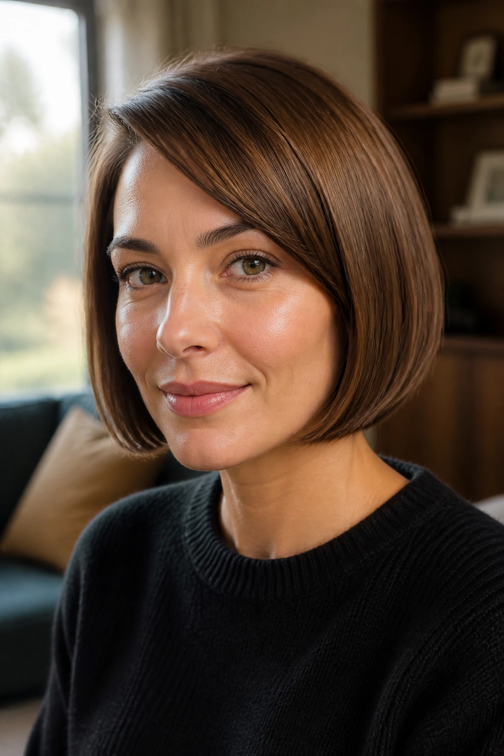Close-up of a real woman with a chin-length rounded bob and tucked bang.