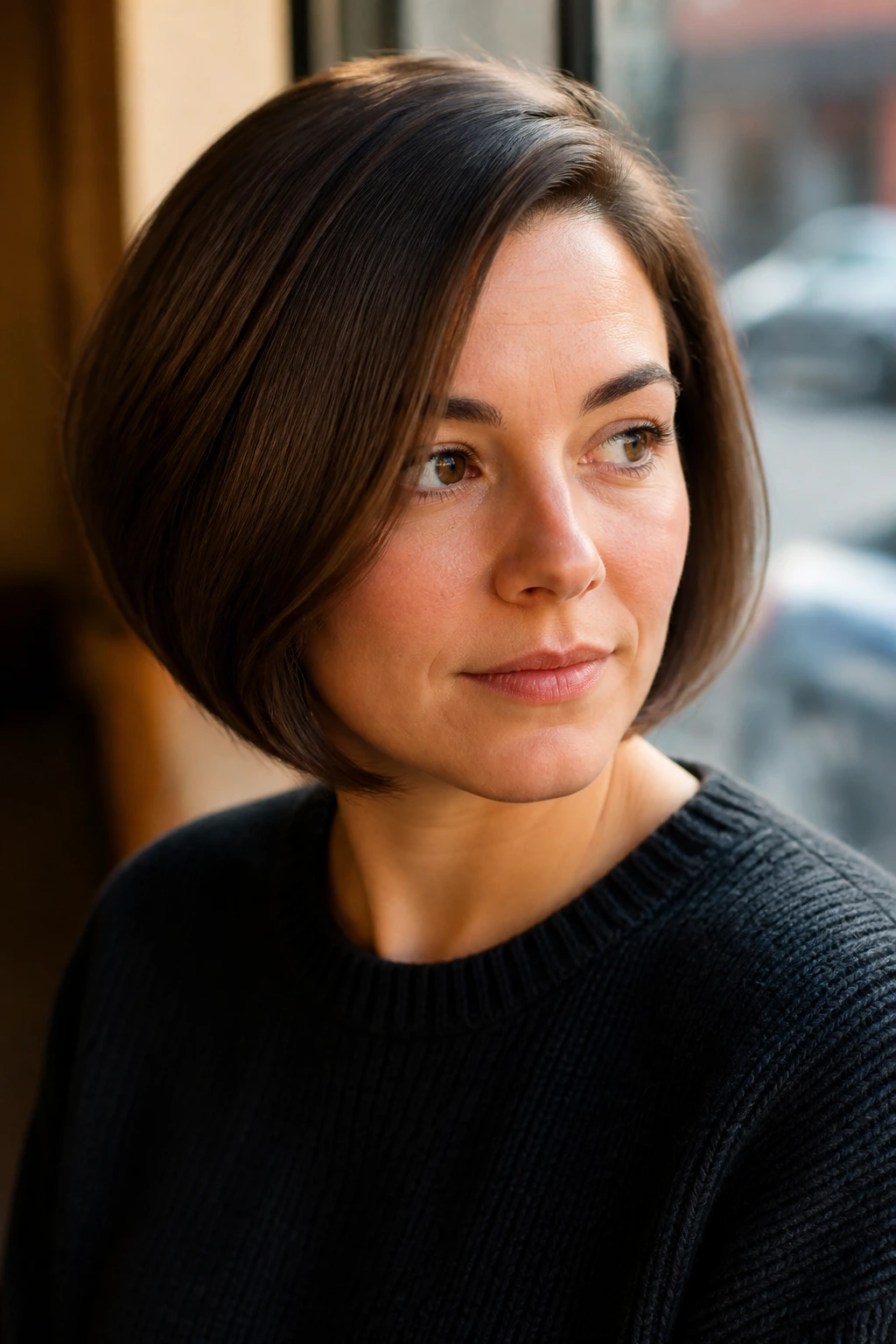 Close-up of side-parted rounded bob with tucked under ends on a real person
