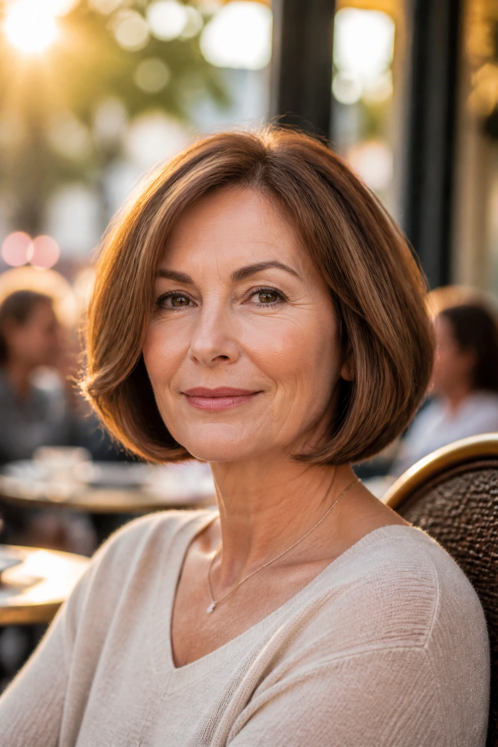 Close-up of a real woman with a rounded bob and tucked-under ends in golden hour light.