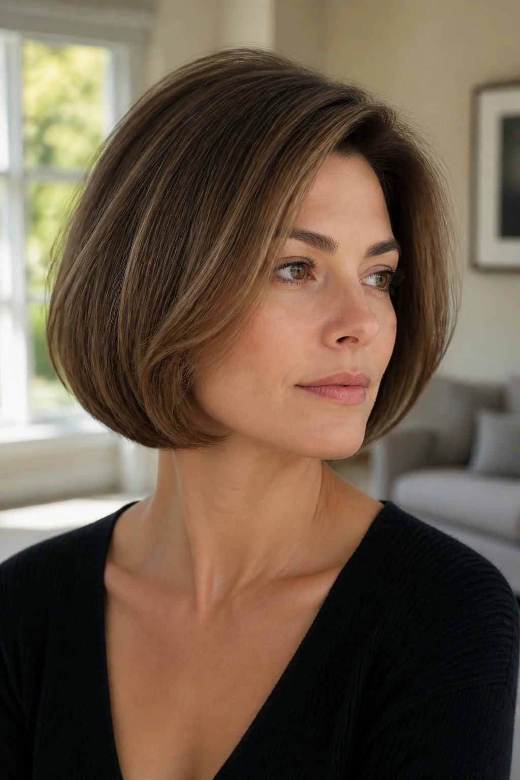Close-up of a real woman with a chin-length rounded bob and tucked ends in soft window light