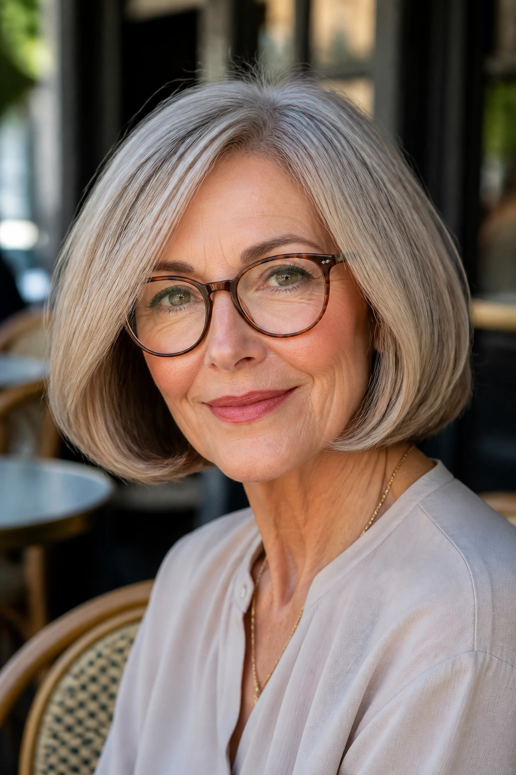 Close-up of a woman with rounded bob and tucked ends hairstyle