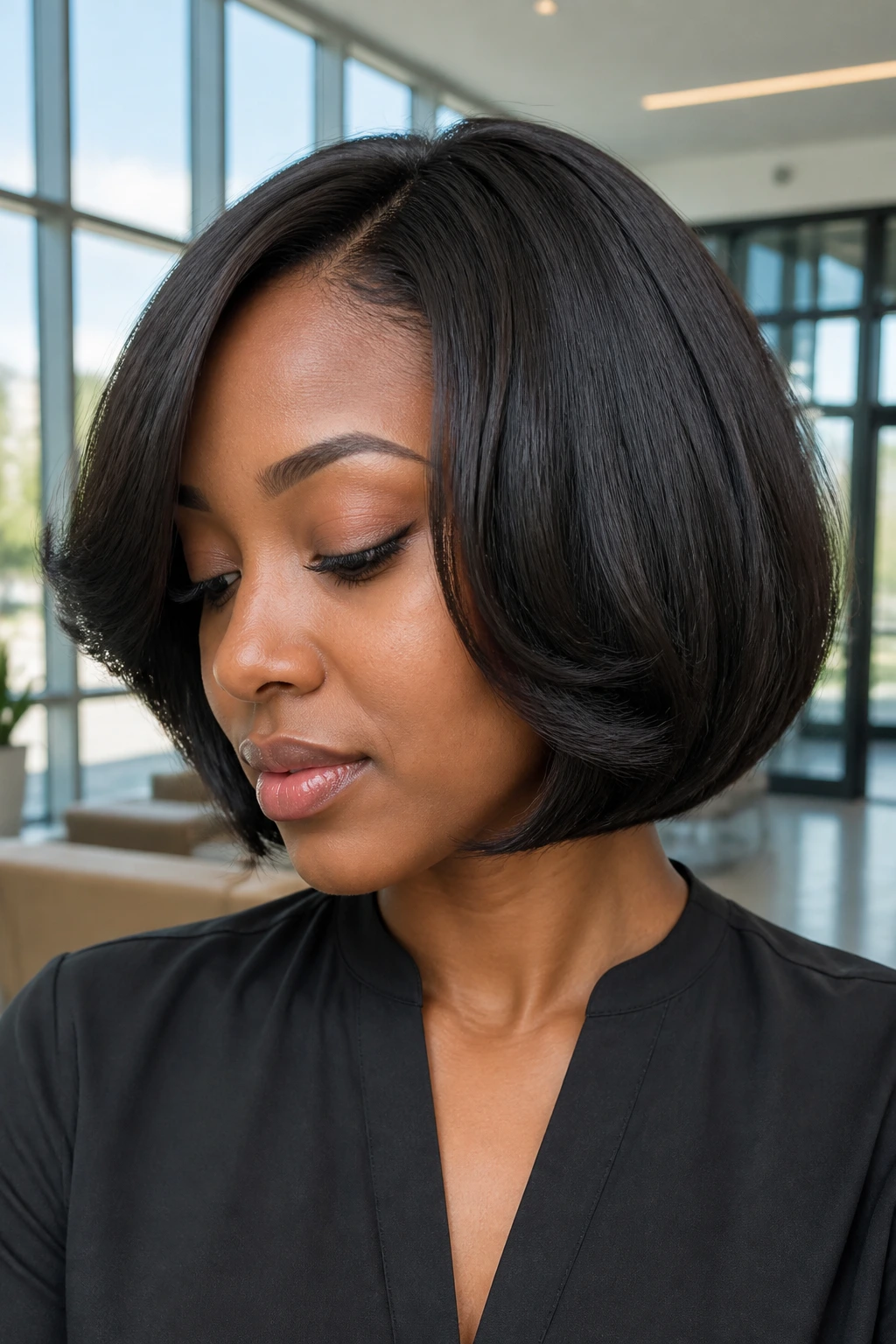 Close-up of real woman with rounded bob tucked-under ends