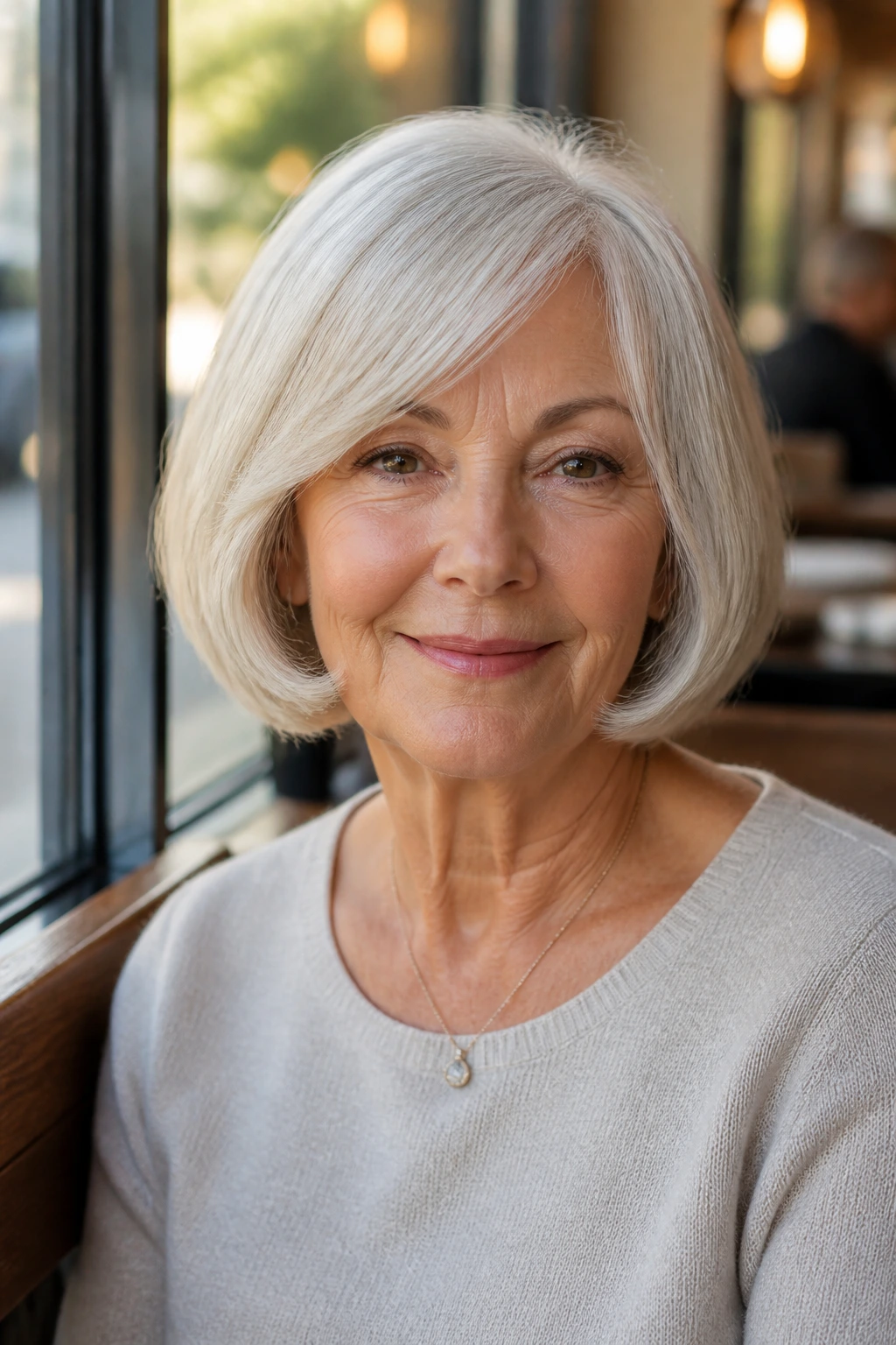 Close-up of a real woman with a rounded bob and tucked-under ends in a cafe setting