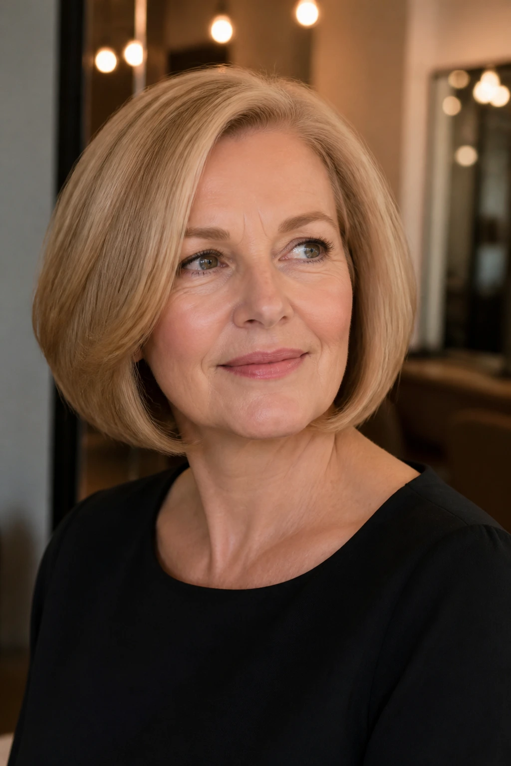 Portrait of a real woman with a rounded bob and tucked ends in warm salon lighting