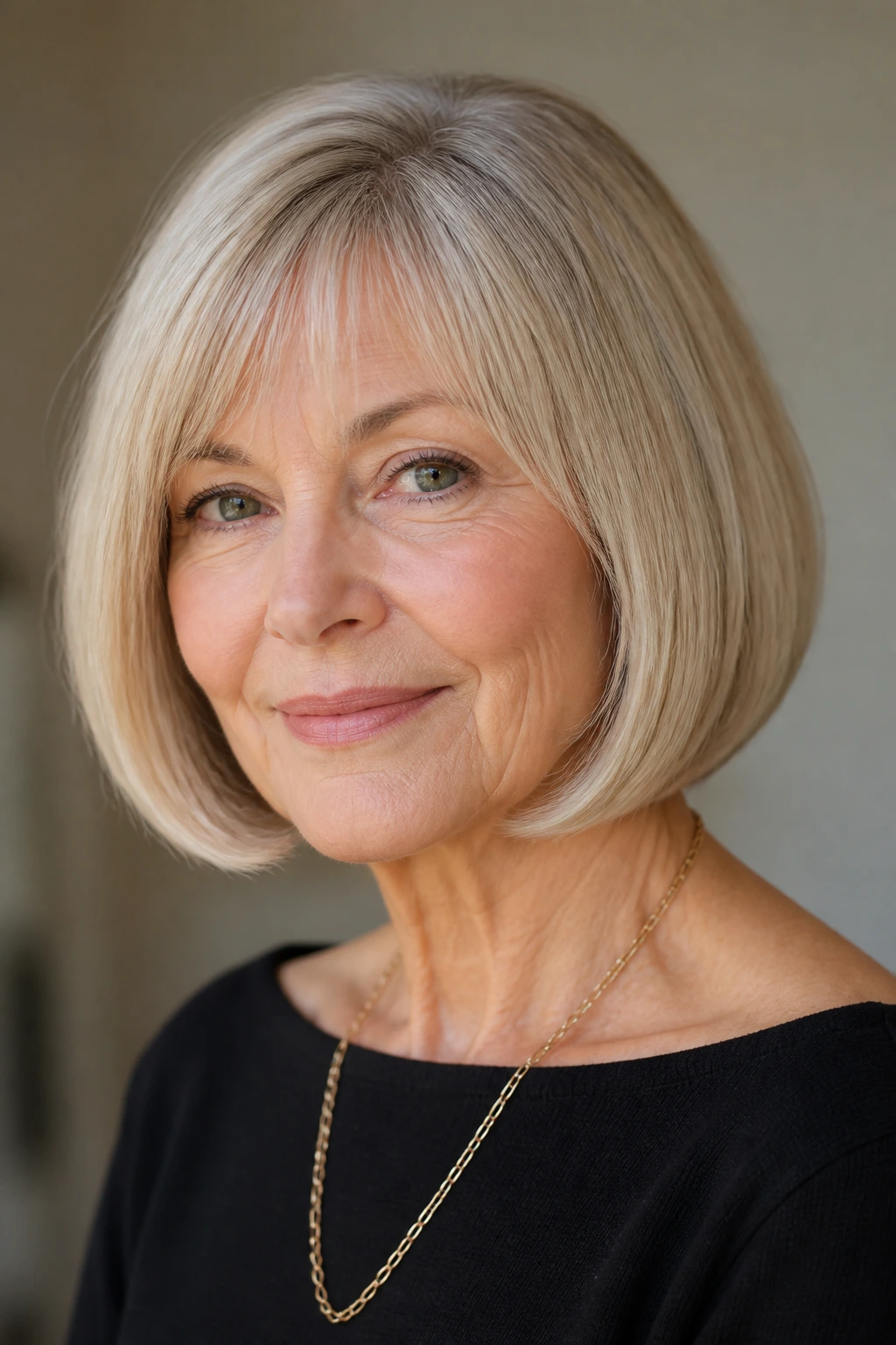 Close-up portrait of a woman with rounded bob and tucked-in ends in soft indoor light